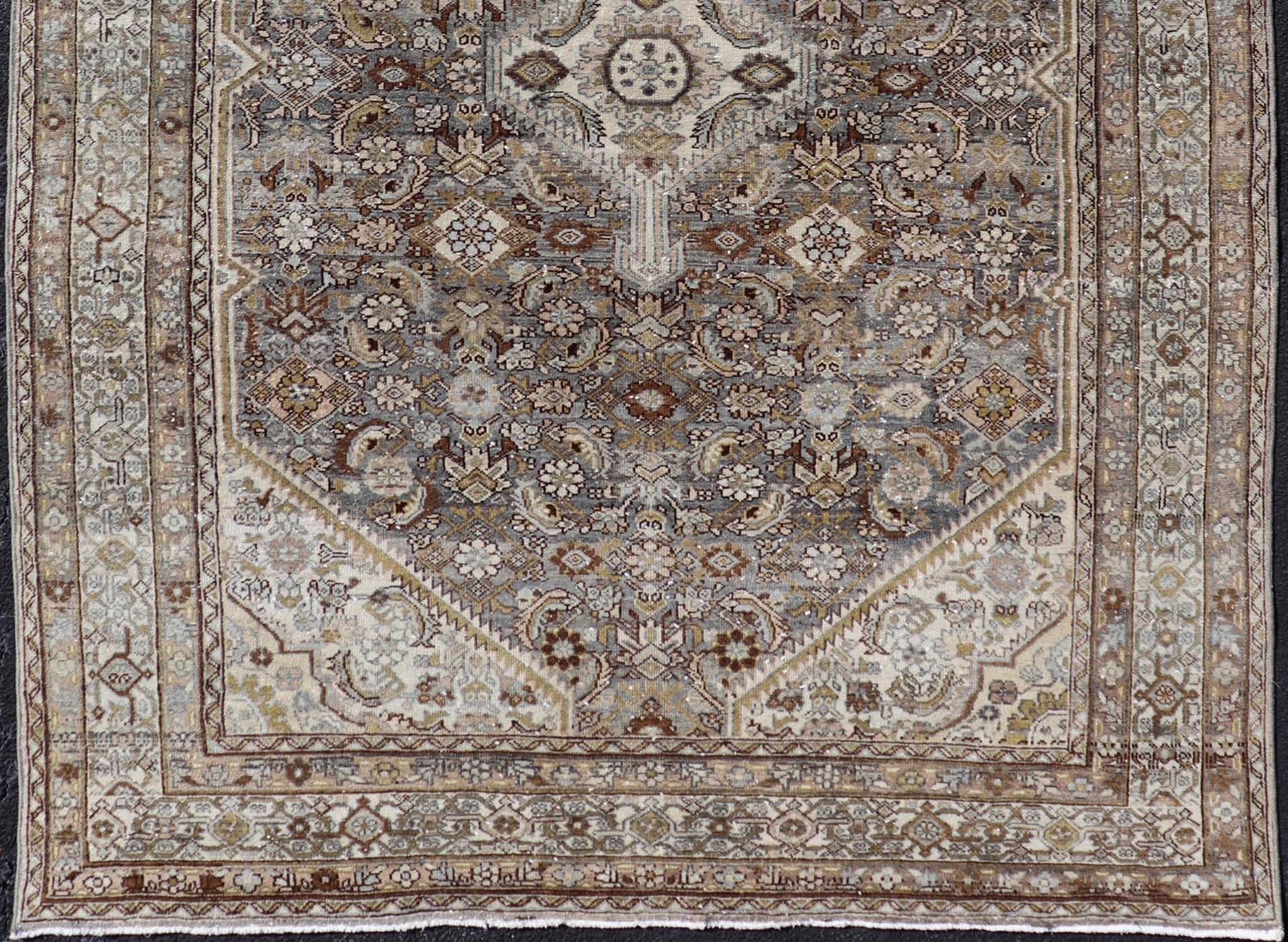 Antique Persian Bibikabad Carpet with Steal Blue, Charcoal, Green, and Brown  For Sale 2