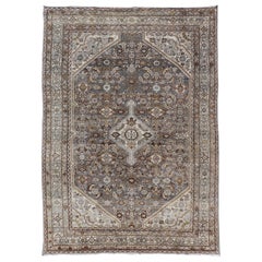 Antique Persian Bibikabad Carpet with Steal Blue, Charcoal, Green, and Brown