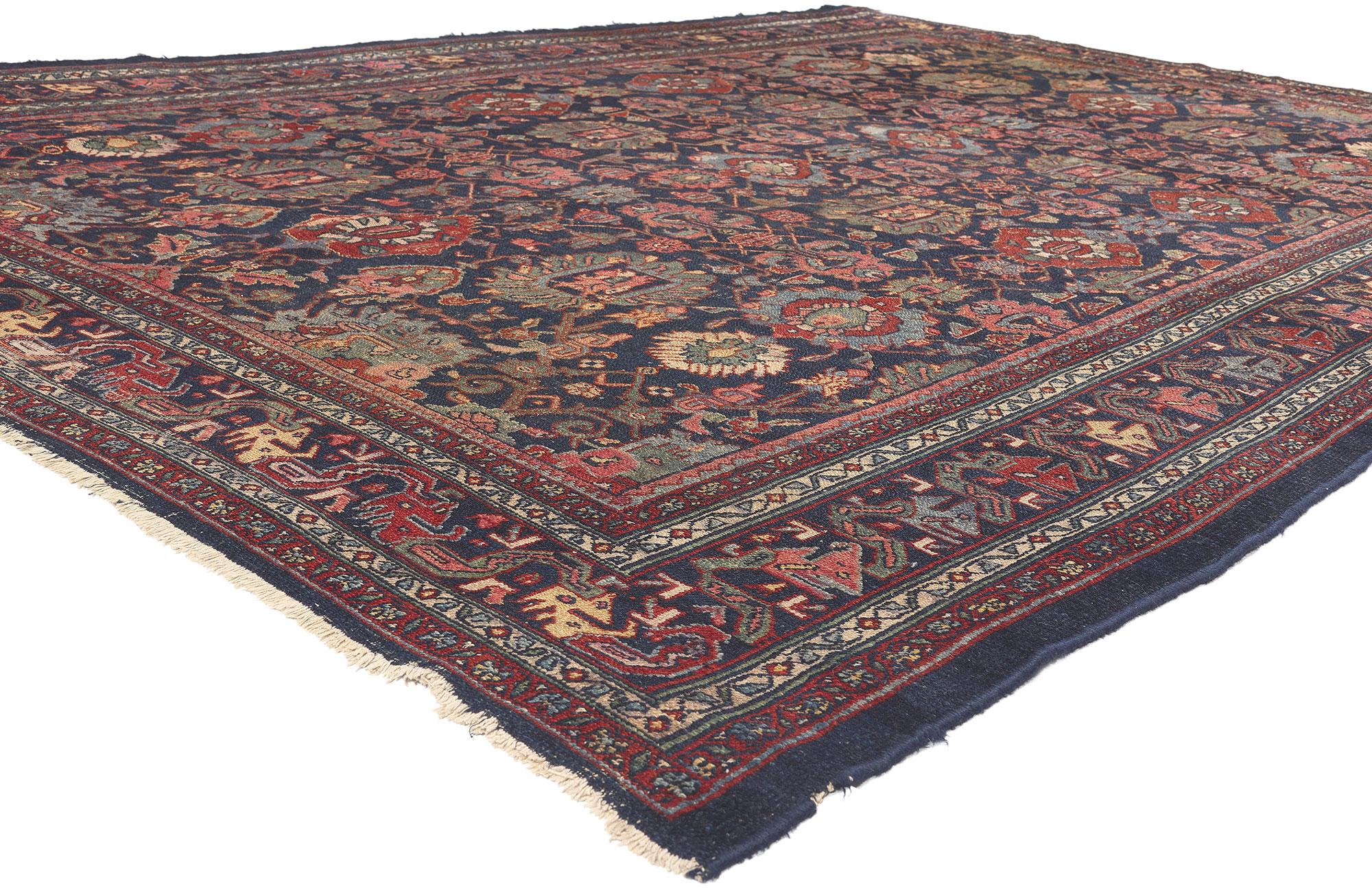 77160 Late 19th Century Antique Persian Bibikabad Rug, 08’00 x 11’09.
Traditional elegance meets rustic sensibility in this hand knotted wool antique Persian Bibikabad rug. The captivating botanical design and classic color palette woven into this
