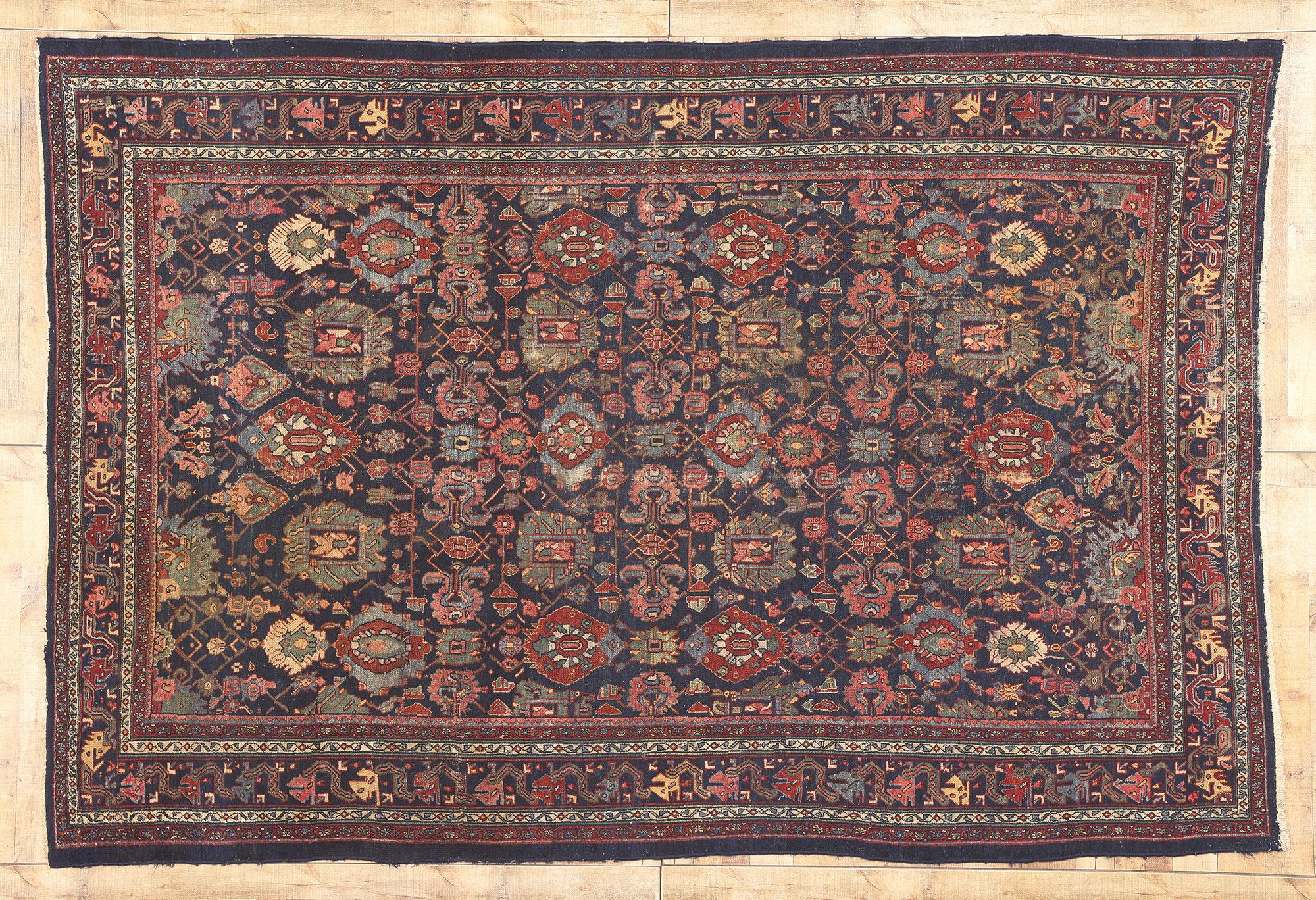 Antique Persian Bibikabad Rug, Traditional Elegance Meets Rustic Sensibility For Sale 2