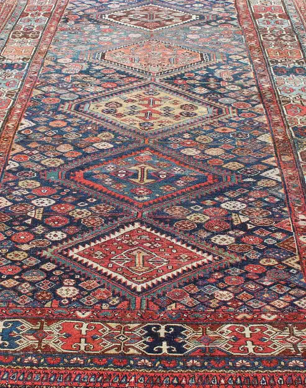 Antique Persian Bibikabad Rug with Diamond Medallions in Blue Background For Sale 3