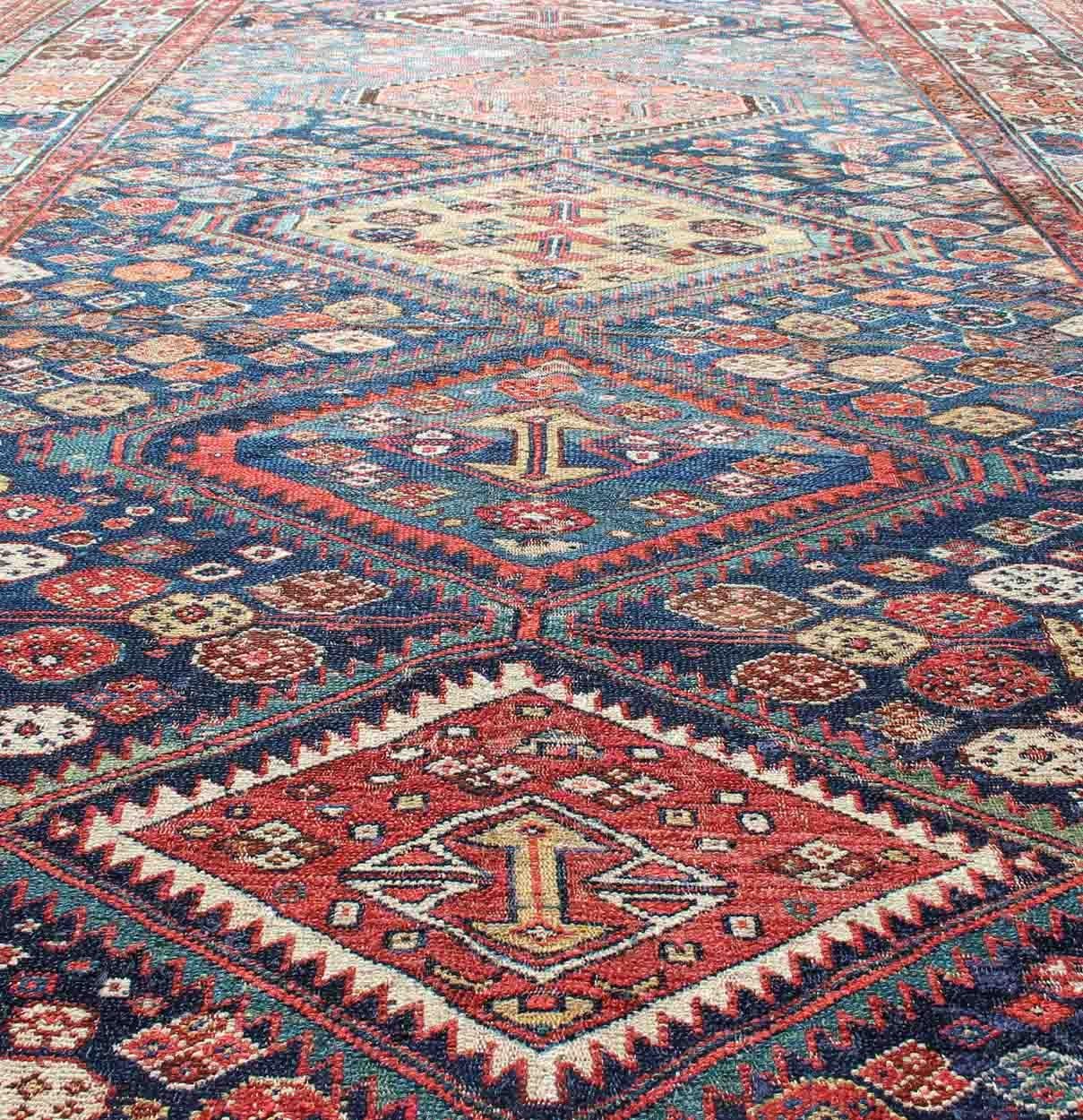 Antique Persian Bibikabad Rug with Diamond Medallions in Blue Background For Sale 4