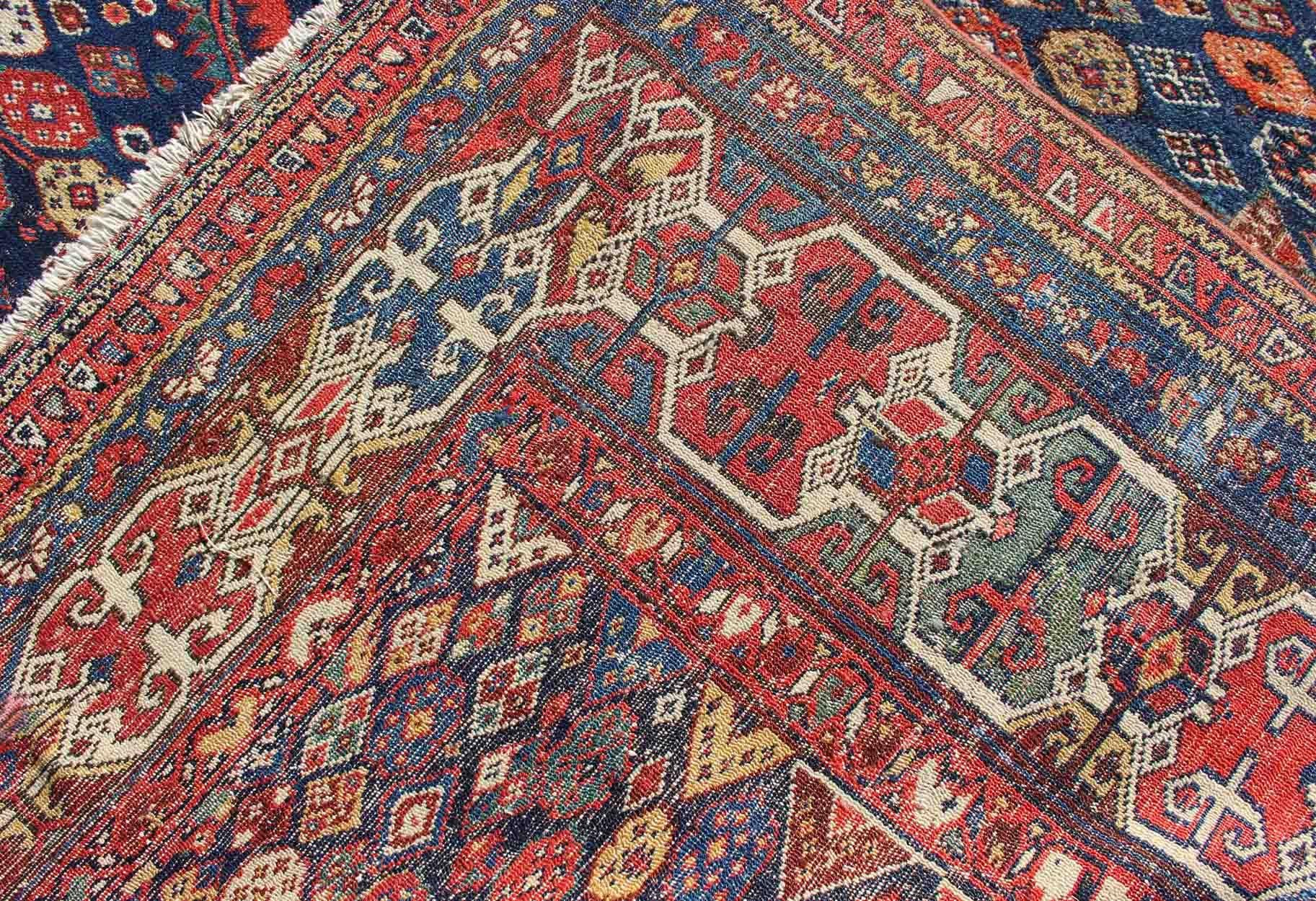 Antique Persian Bibikabad Rug with Diamond Medallions in Blue Background For Sale 5