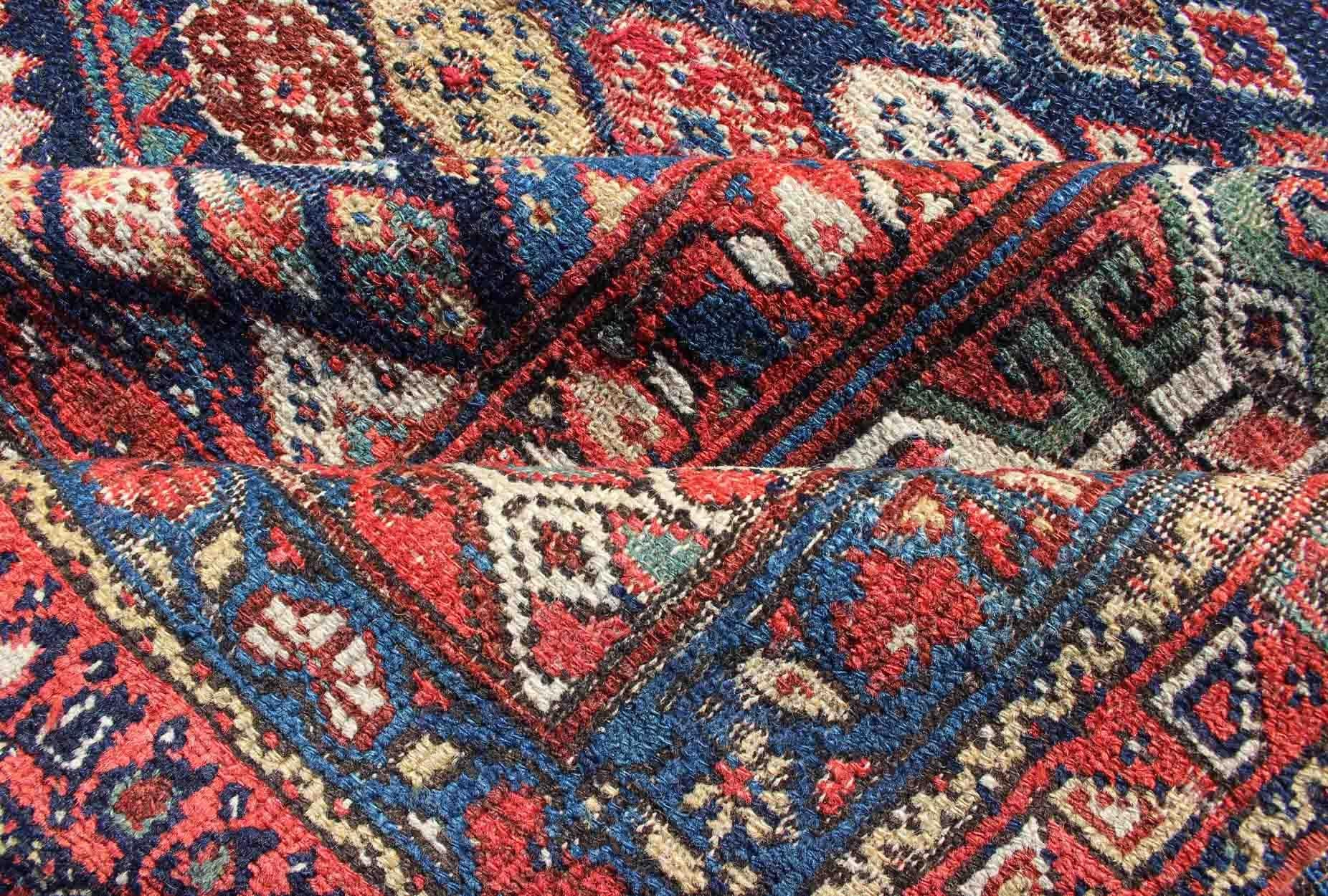 Antique Persian Bibikabad Rug with Diamond Medallions in Blue Background In Good Condition For Sale In Atlanta, GA
