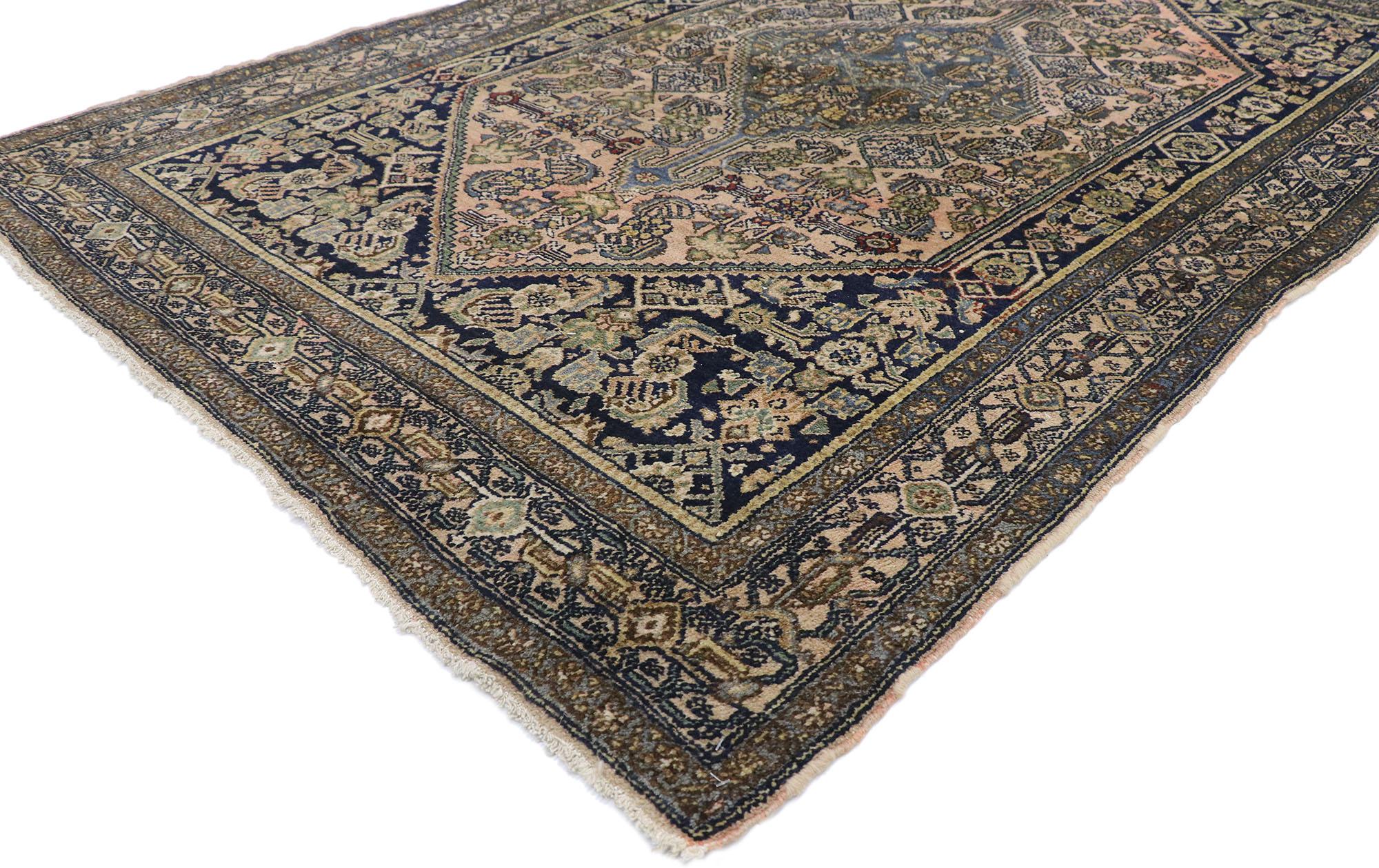 77710 Antique Persian Bibikabad Rug with Victorian Style 04'05 x 06'08. Effortless beauty, this hand knotted wool antique Persian Bibikabad rug is poised to impress. The abrashed light pink field features a large-scale diamond lozenge decorated with
