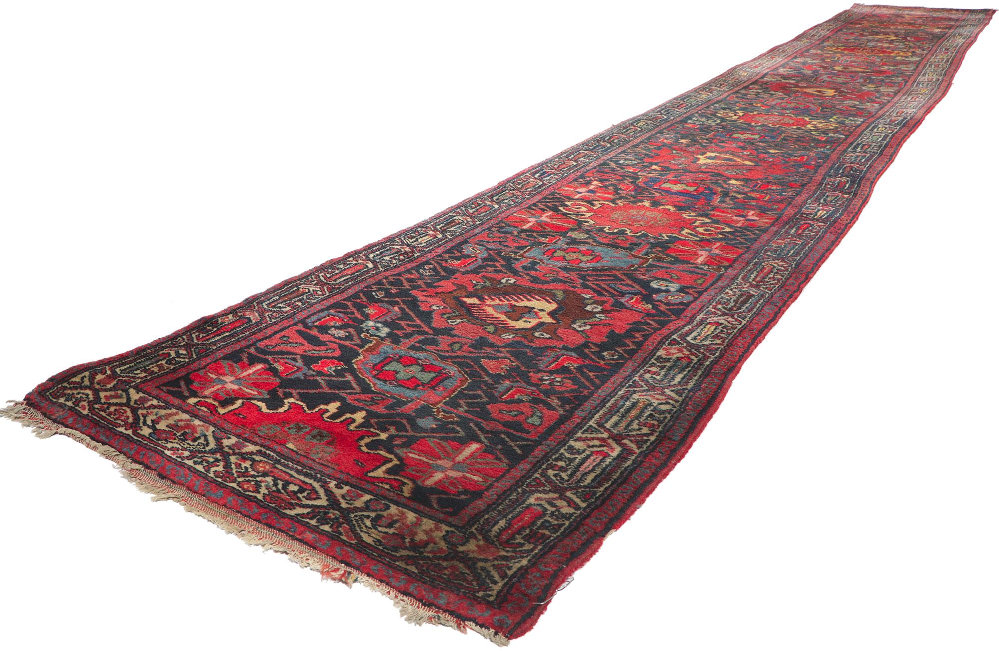 78523 Antique Persian Bibikabad Rug Runner, 02'07 x 20'02.
Full of tiny details and nomadic charm, this hand knotted wool Persian runner is a captivating vision of woven beauty. The tribal design and lively colorway woven into this piece work