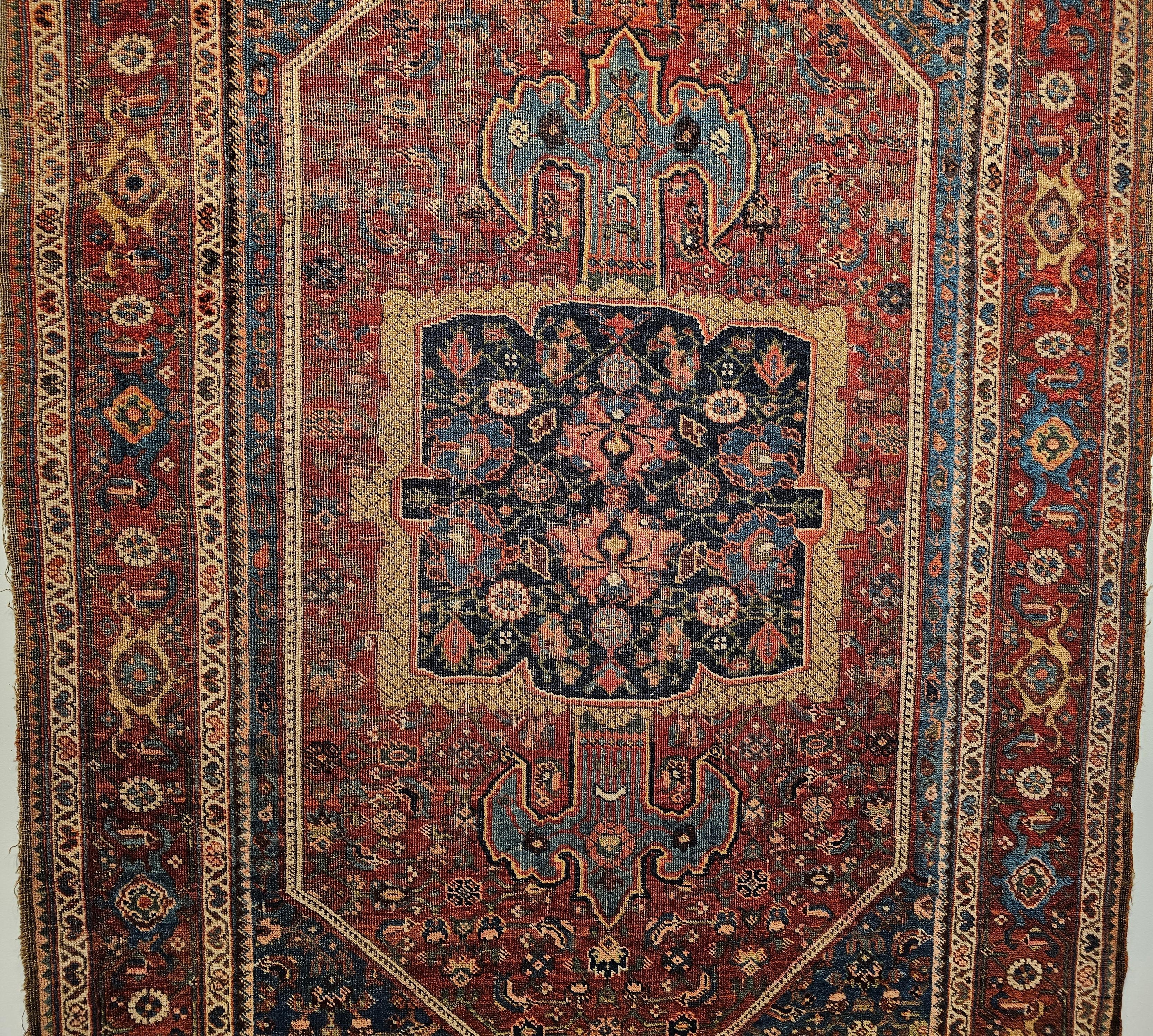 19th Century Persian Bidjar in Burgundy, French Blue, Navy, Green, Yellow In Good Condition For Sale In Barrington, IL