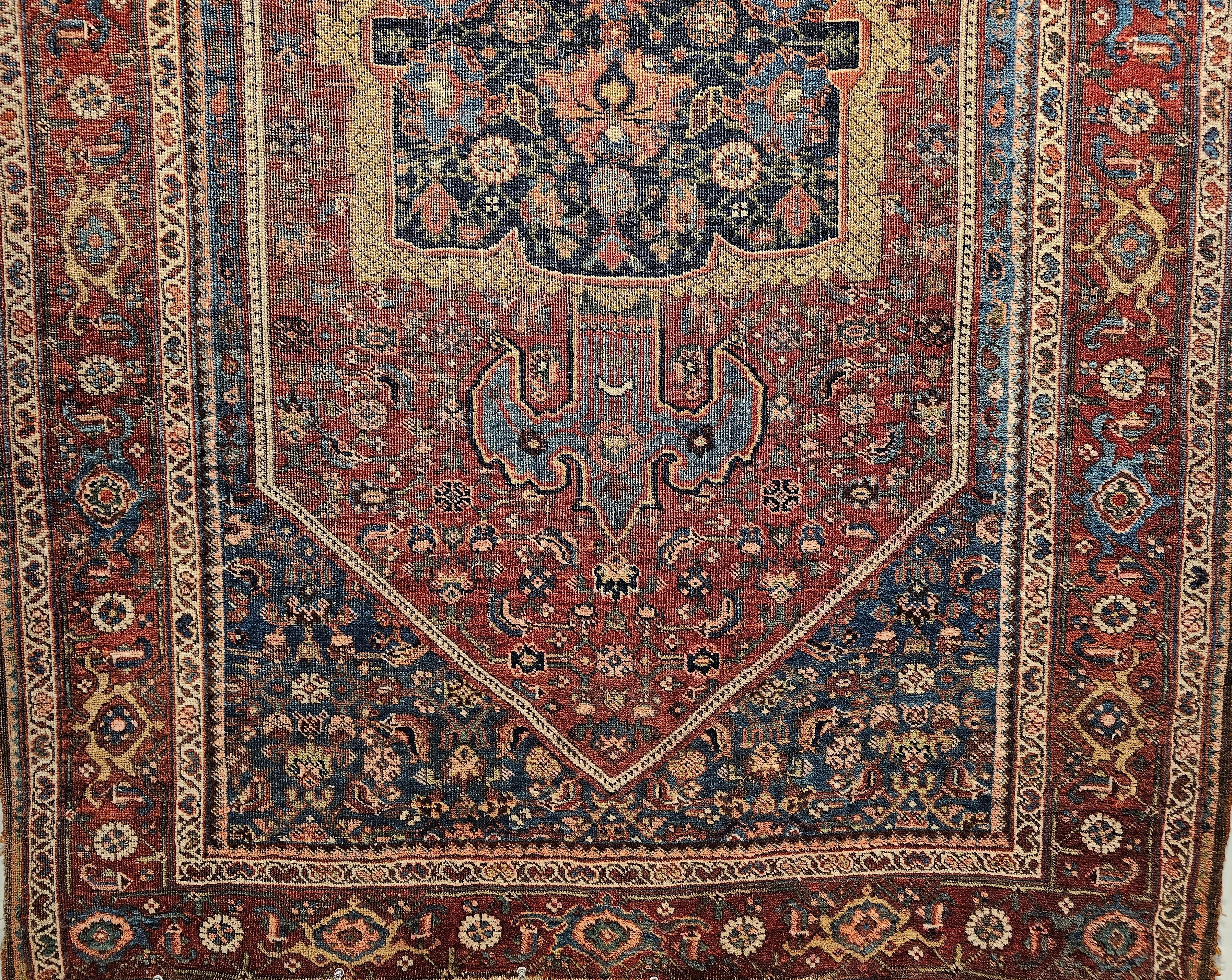 Wool 19th Century Persian Bidjar in Burgundy, French Blue, Navy, Green, Yellow For Sale