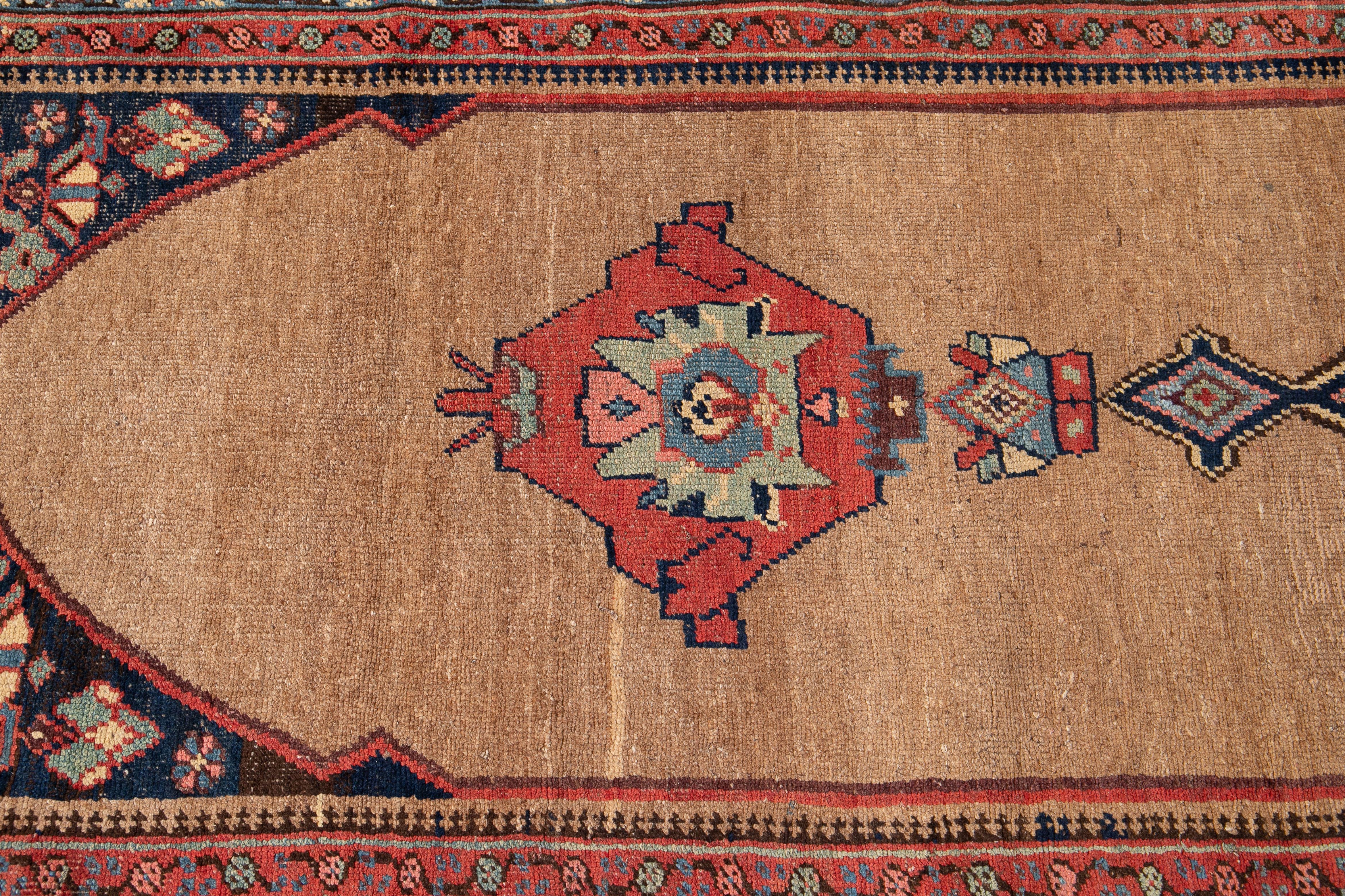 Antique Persian Bidjar Brown Handmade Wool Runner with Tribal Design For Sale 1