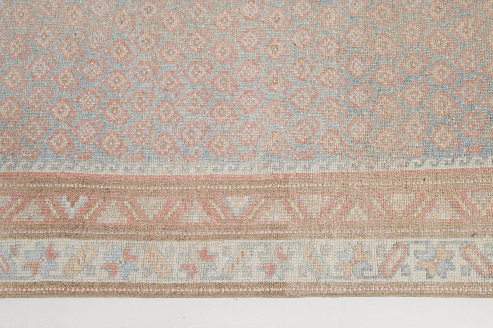 A fascinatingly composed Antique Persian Bidjar runner that is a captivating illustration of high aesthetic appeal, beguiling charm and alluring beauty. Interconnected lozenges on meandering vines are showcasing definite elegance in the noteworthy