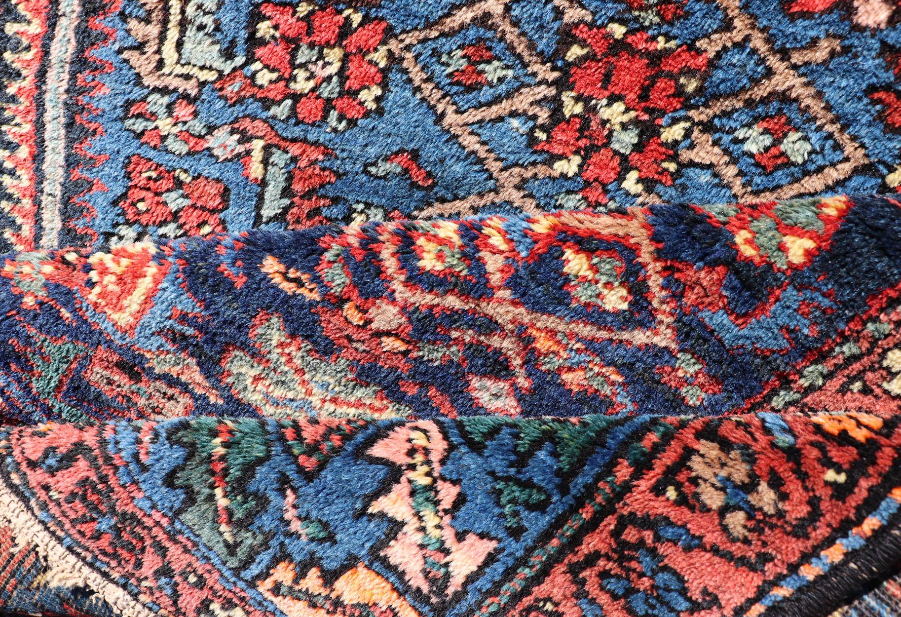 Antique Persian Bidjar Carpet with Variety of Blue Colors, Red, and Salmon For Sale 3