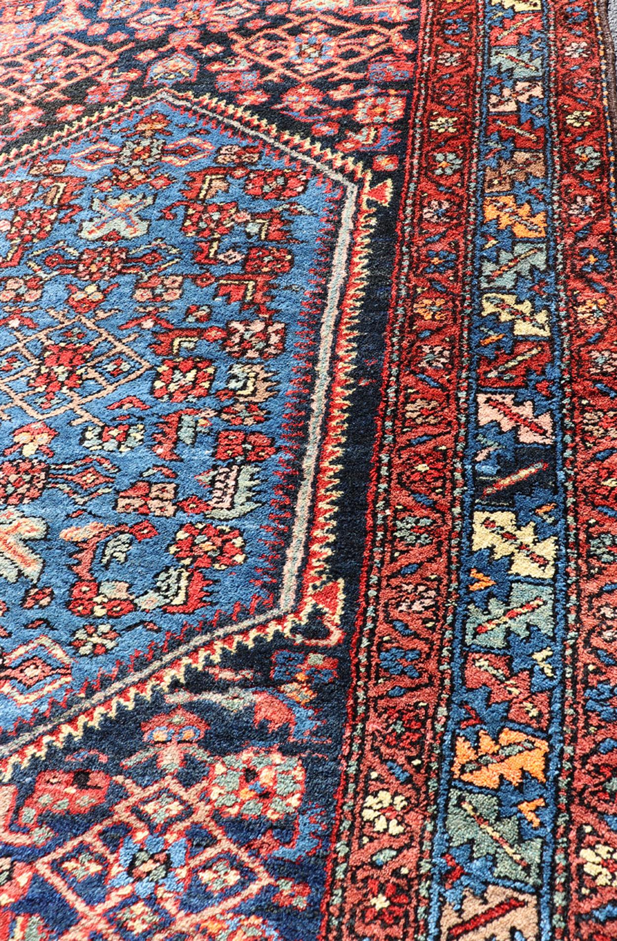 Antique Persian Bidjar Carpet with Variety of Blue Colors, Red, and Salmon For Sale 4