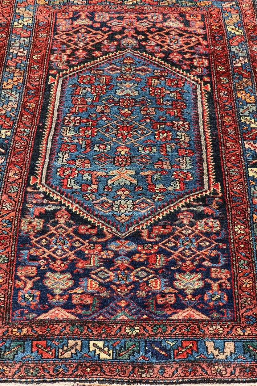Antique Persian Bidjar Carpet with Variety of Blue Colors, Red, and Salmon For Sale 5