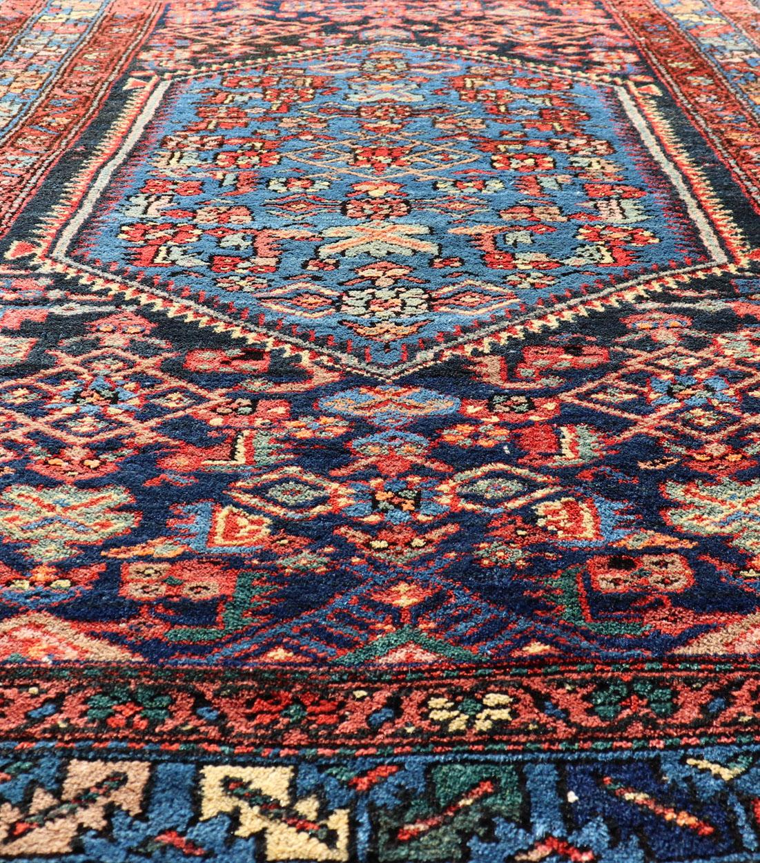 Antique Persian Bidjar Carpet with Variety of Blue Colors, Red, and Salmon For Sale 6