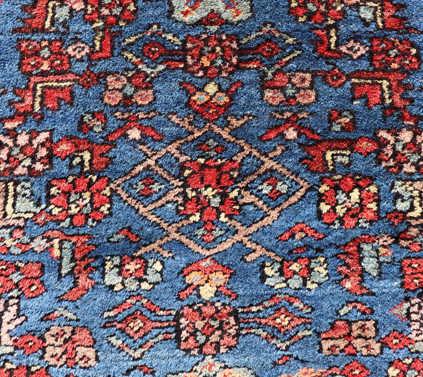 Antique Persian Bidjar Carpet with Variety of Blue Colors, Red, and Salmon For Sale 7