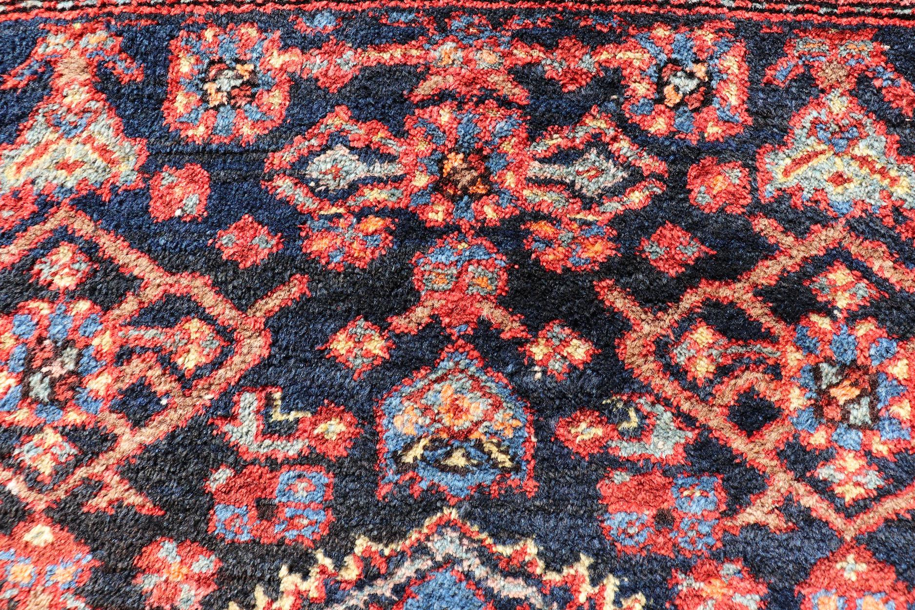Antique Persian Bidjar Carpet with Variety of Blue Colors, Red, and Salmon For Sale 8