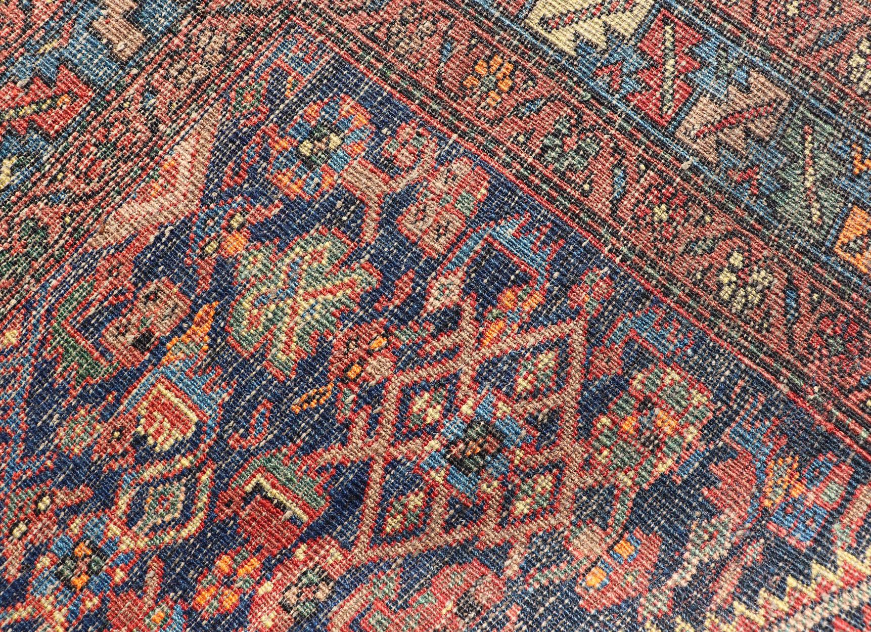 Antique Persian Bidjar Carpet with Variety of Blue Colors, Red, and Salmon For Sale 9