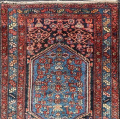 Antique Persian Bidjar Carpet with Variety of Blue Colors, Red, and Salmon