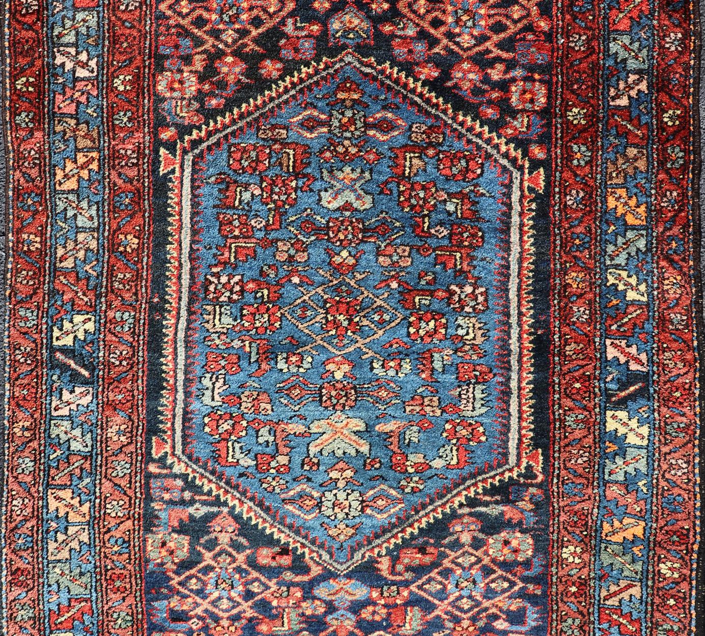 Malayer Antique Persian Bidjar Carpet with Variety of Blue Colors, Red, and Salmon For Sale