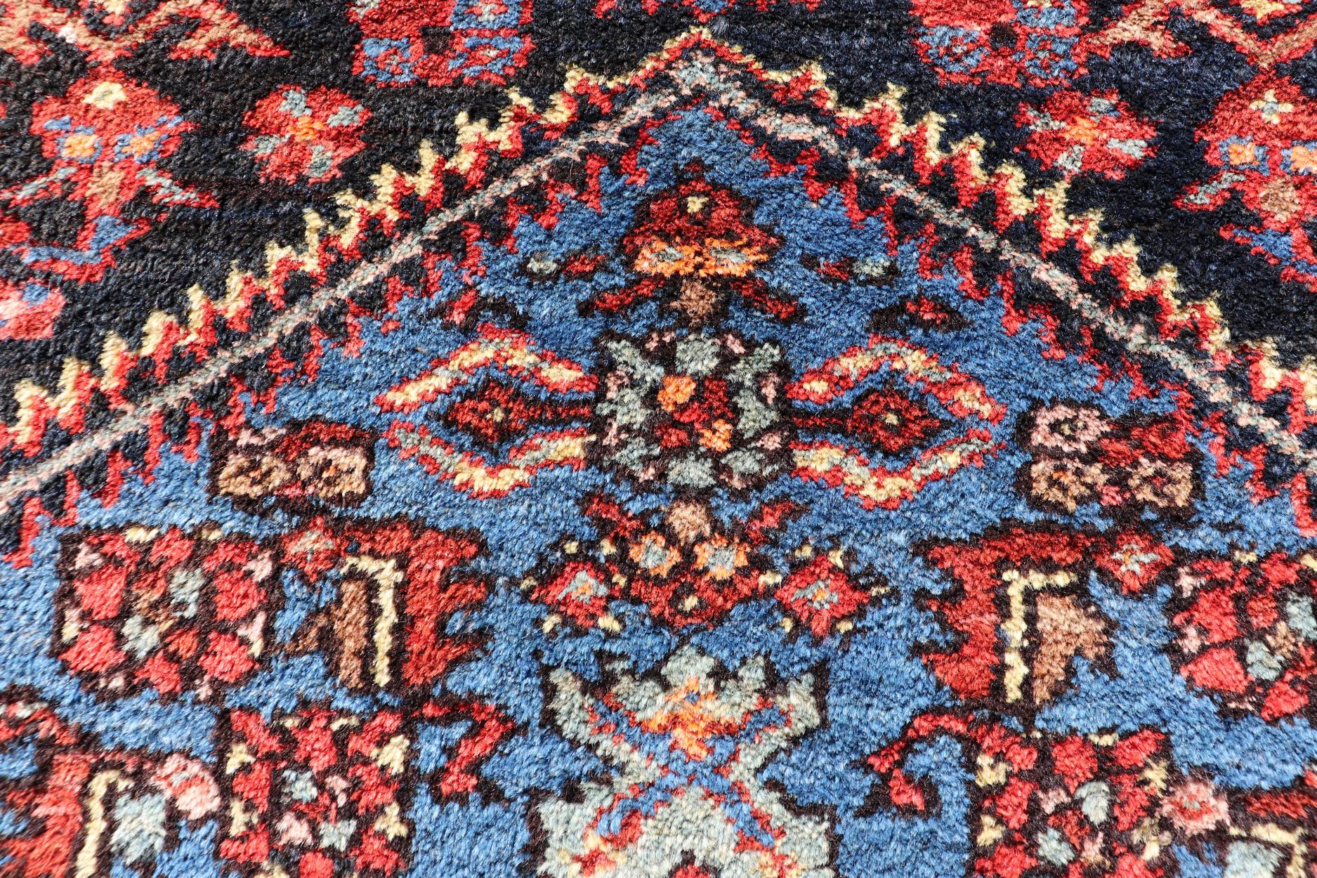 Antique Persian Bidjar Carpet with Variety of Blue Colors, Red, and Salmon In Excellent Condition For Sale In Atlanta, GA