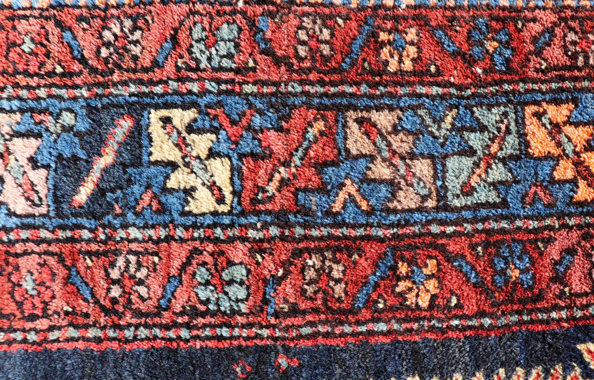 Antique Persian Bidjar Carpet with Variety of Blue Colors, Red, and Salmon For Sale 1