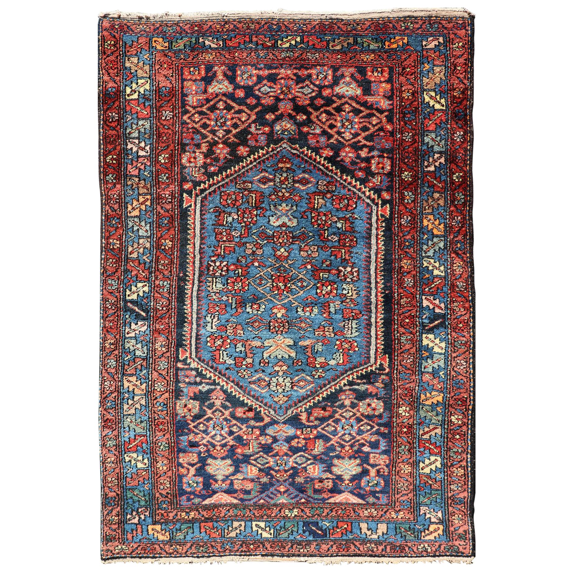 Antique Persian Bidjar Carpet with Variety of Blue Colors, Red, and Salmon