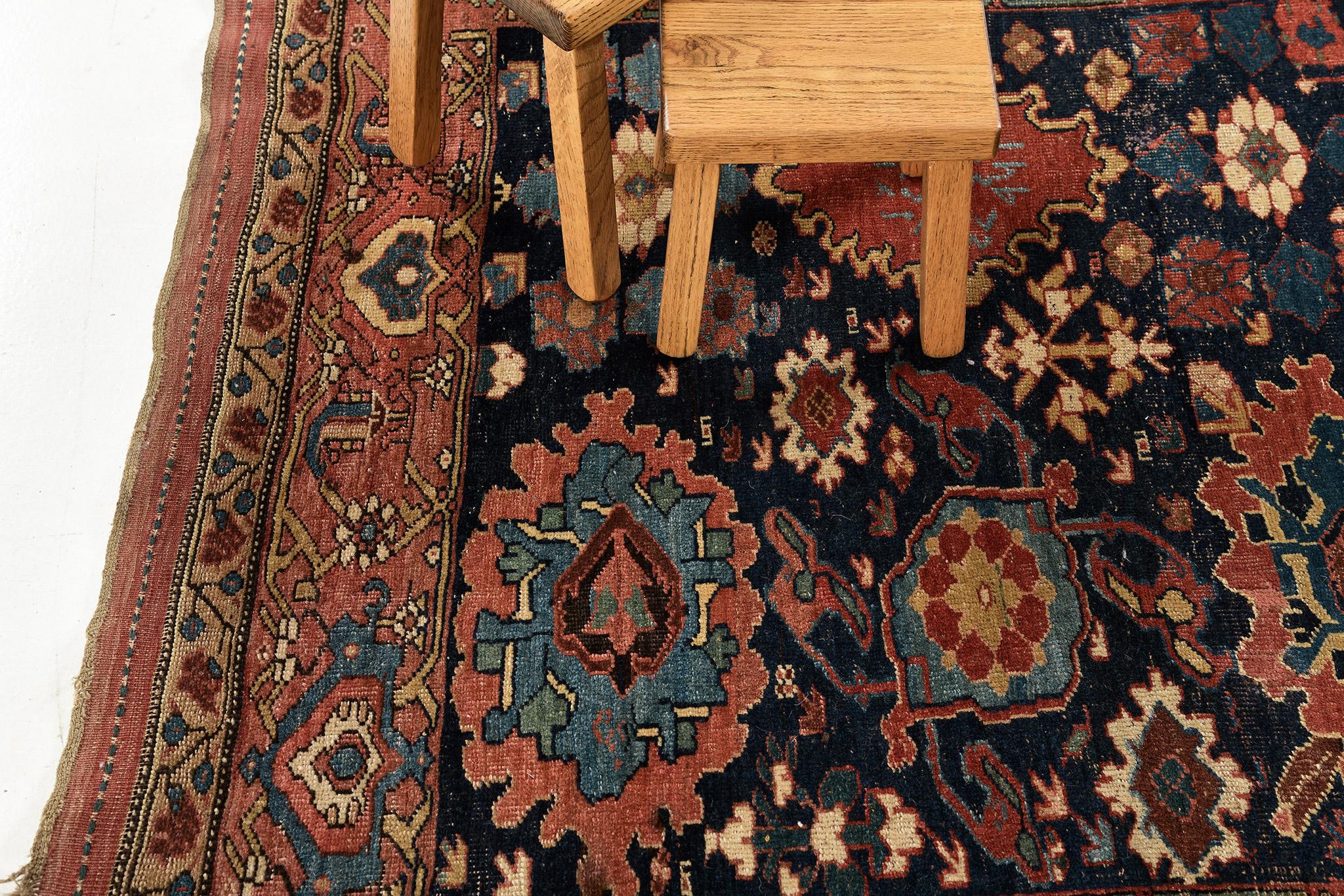 Our research dates this rug to the late 19th century. It is an authentic Persian Bidjar wool rug, with its origins from Persia, or modern day Iran. This is a very traditional design, but the square design can make any project un-traditional.

Rug