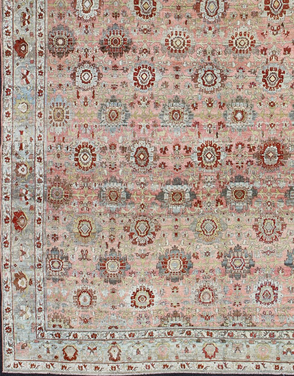 Remarkable antique Persian Bidjar rug with all-over design in light pink, light gray, light blue, green, steel blue. Kwarugs / J10-0805. Antique Pink Rug Bidjar.

Measures: 12'4 x 17'11.

This magnificent Bidjar with an exquisite, all-over pattern