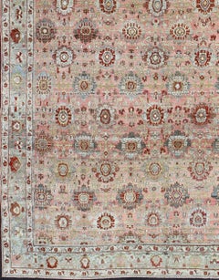 Antique Persian Bidjar Rug with All-Over Design in Light Pink & Light Blue