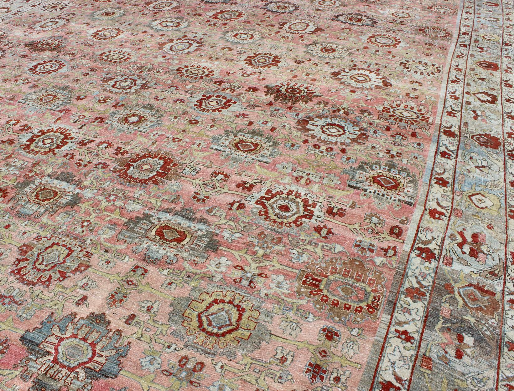 Antique Persian Bidjar Rug with All-Over Design in Light Pink & Light Gray For Sale 2