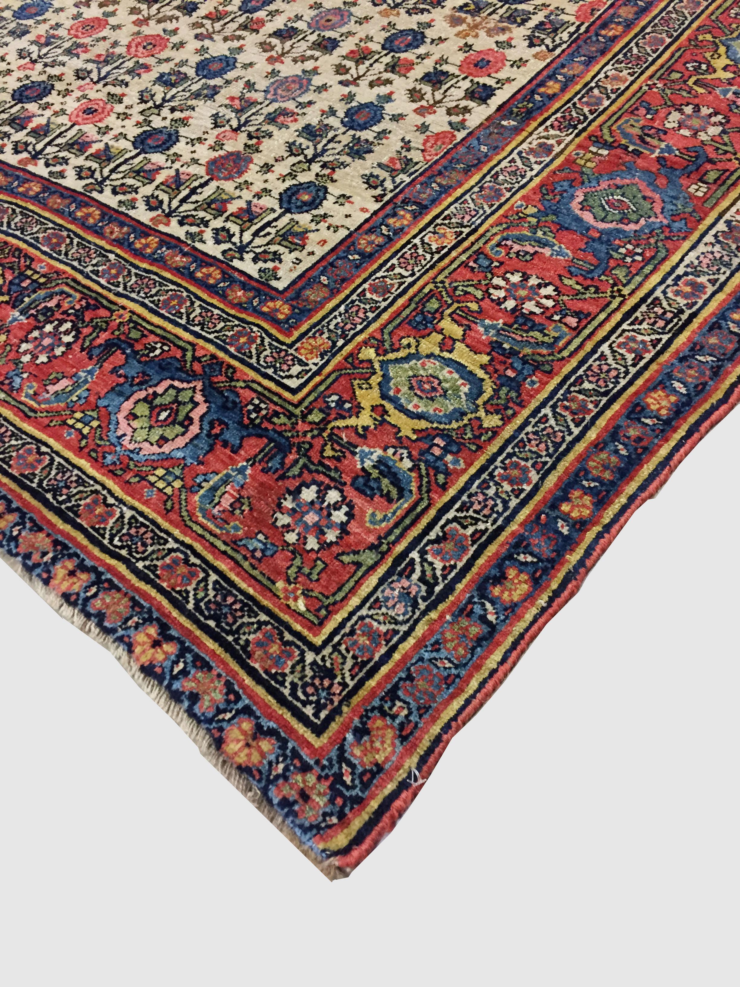Antique Persian Bidjar Gallery, Runner, 6'6 x 13'8. A wonderful antique Bidjar rug, circa 1880. An Ivory ground filled with floral motifs in a vast array of beautiful colors, the detail is amazing. This rug has an abrash which is a natural change in