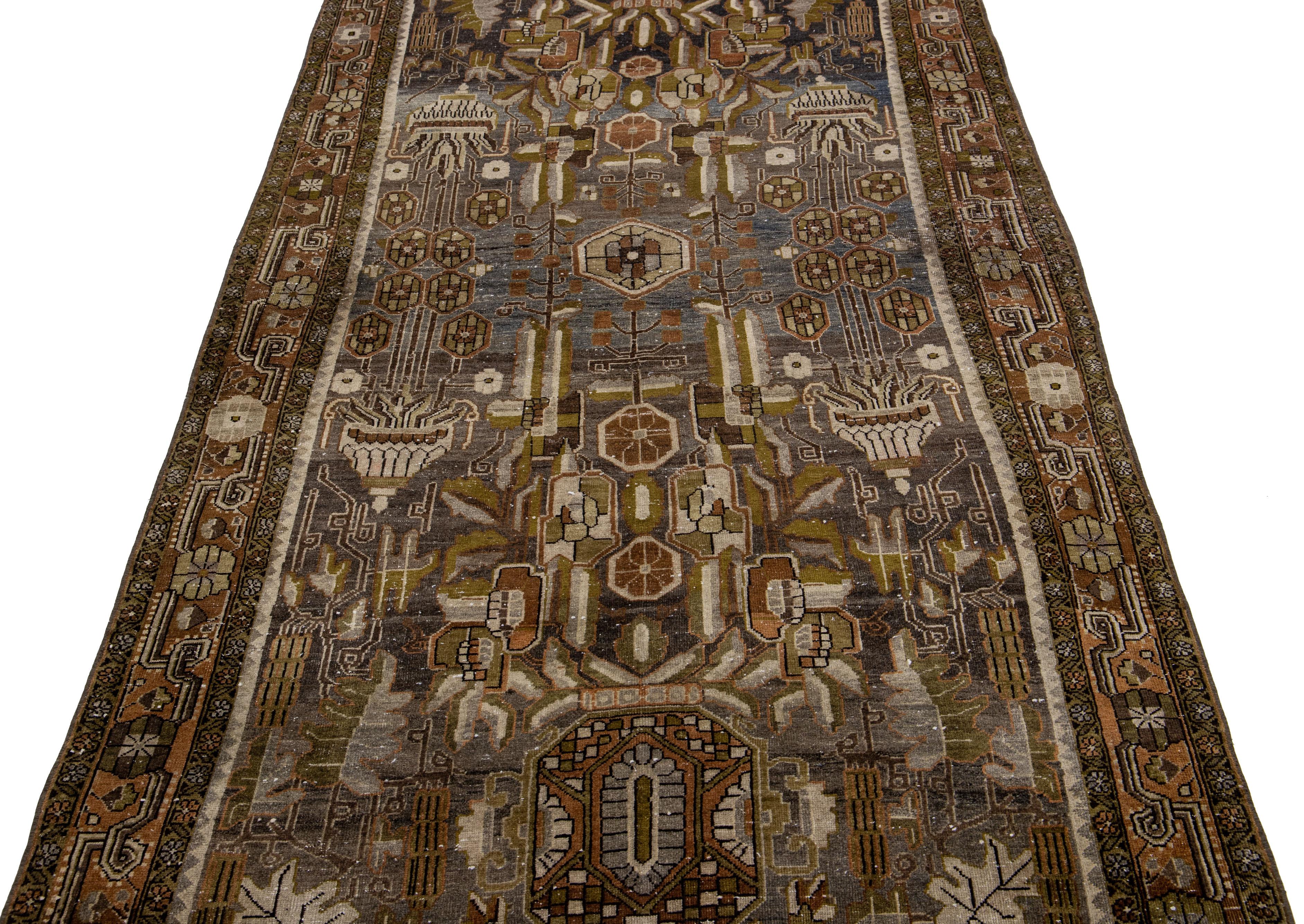 Islamic Antique Persian Bidjar Gray & Blue Handmade Wool Runner with Allover Motif For Sale