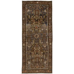 Tapis de couloir persan ancien Bidjar en laine grise et bleue fait à la main avec motif sur toute la surface