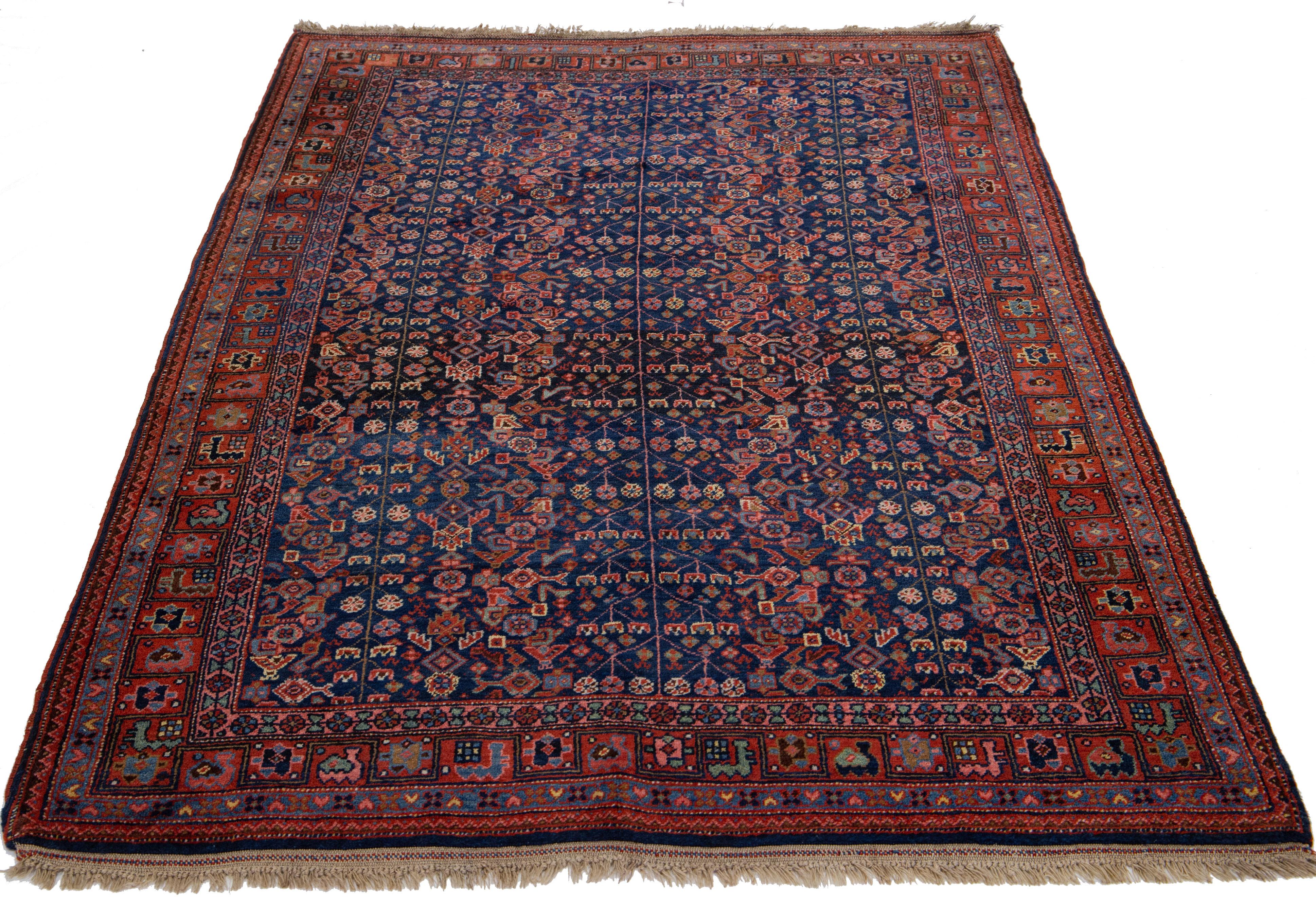 Islamic Antique Persian Bidjar Handmade Allover Motif Blue Wool Rug For Sale