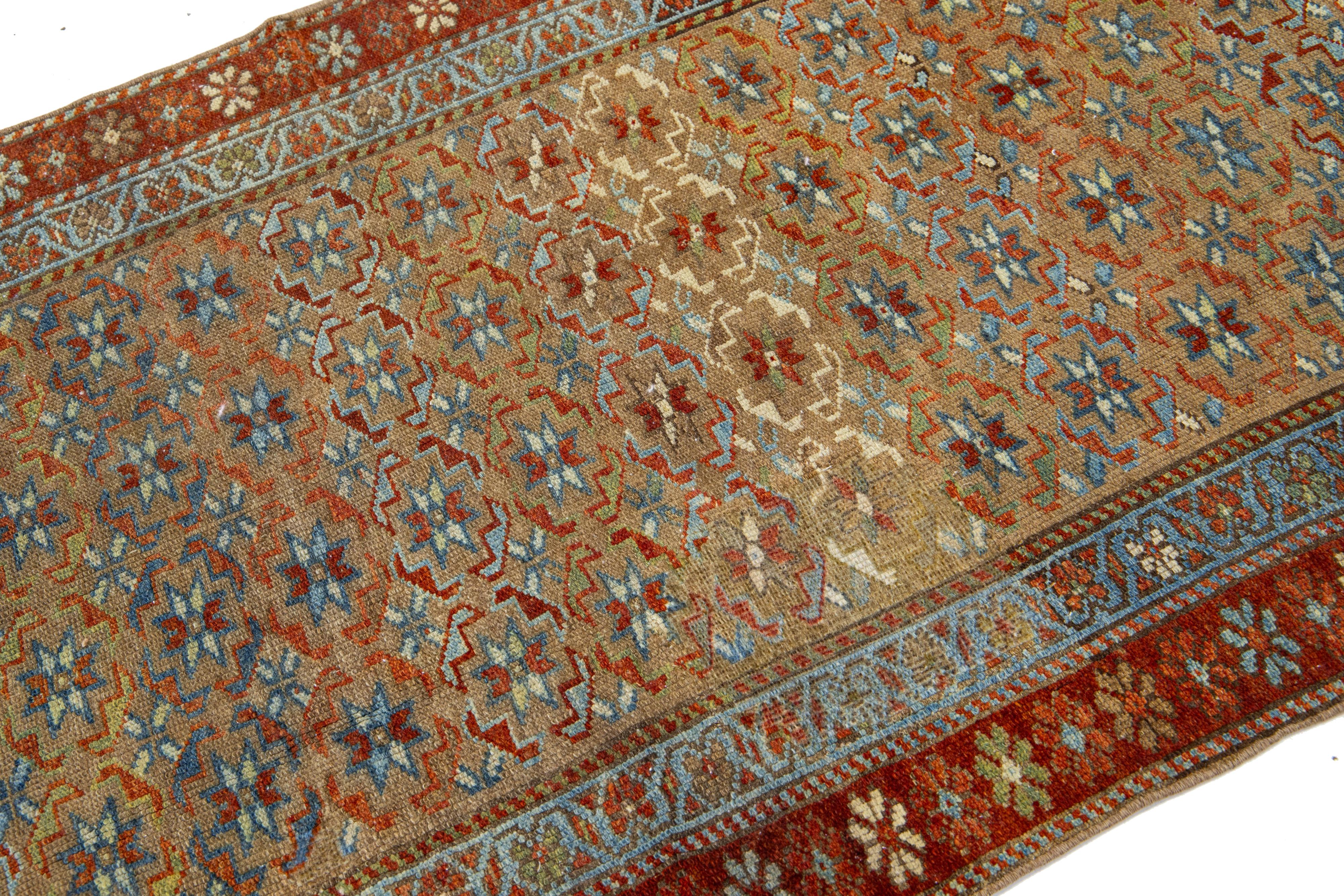 Islamic Antique Persian Bidjar Handmade Brown Wool Runner With Allover Motif For Sale
