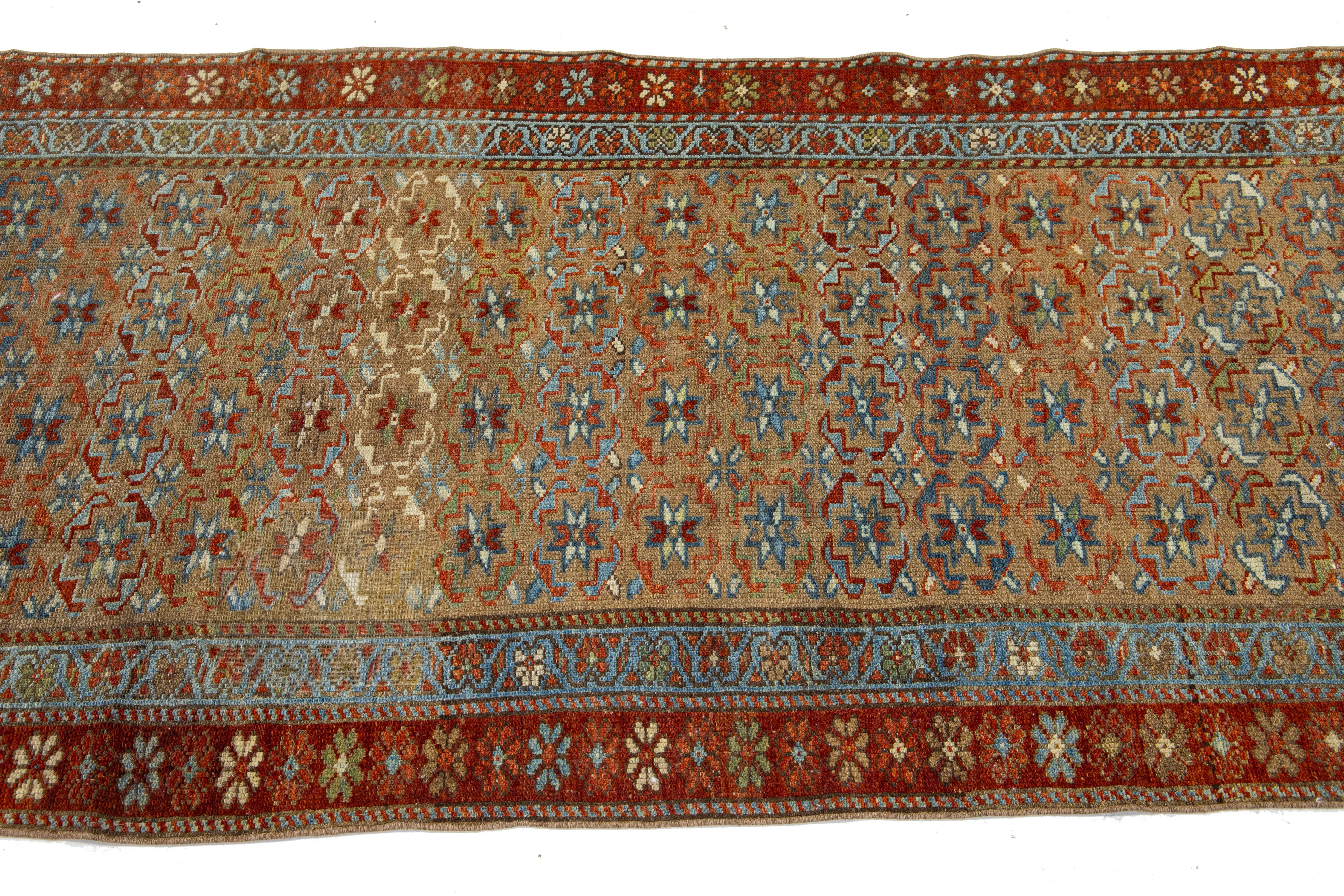 Hand-Knotted Antique Persian Bidjar Handmade Brown Wool Runner With Allover Motif For Sale