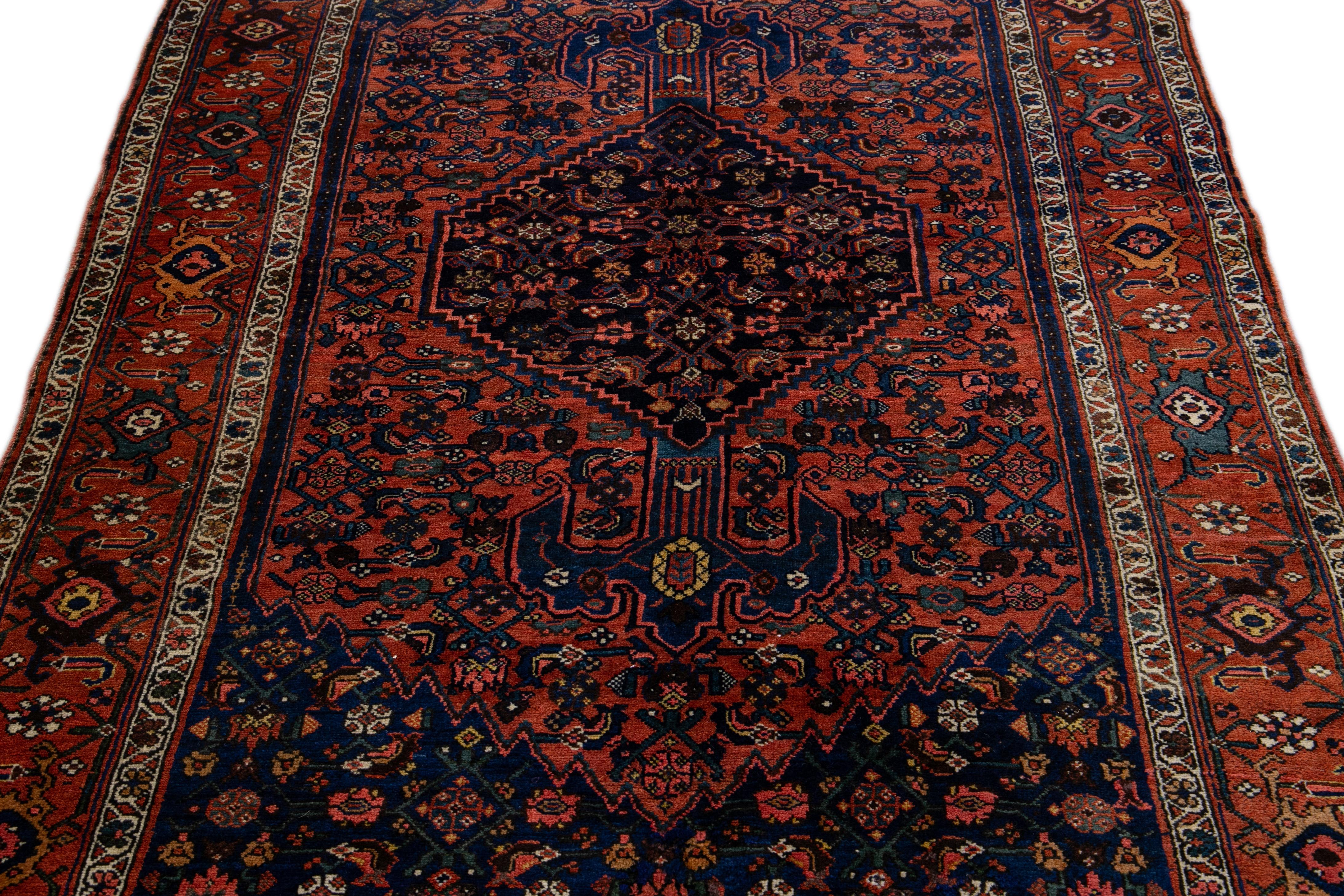 Islamic Antique Persian Bidjar Handmade Medallion Blue and Rust Wool Rug For Sale