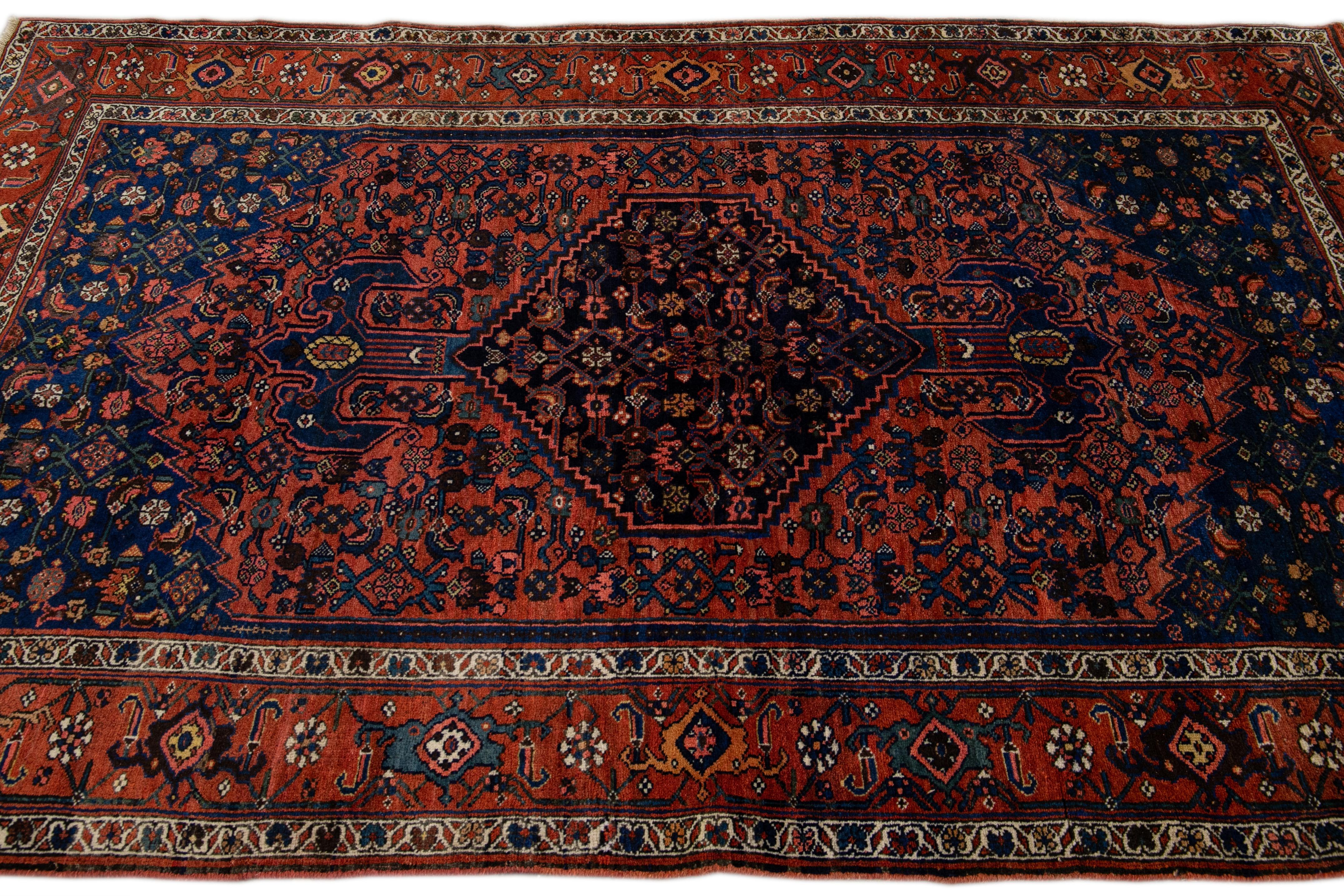 20th Century Antique Persian Bidjar Handmade Medallion Blue and Rust Wool Rug For Sale