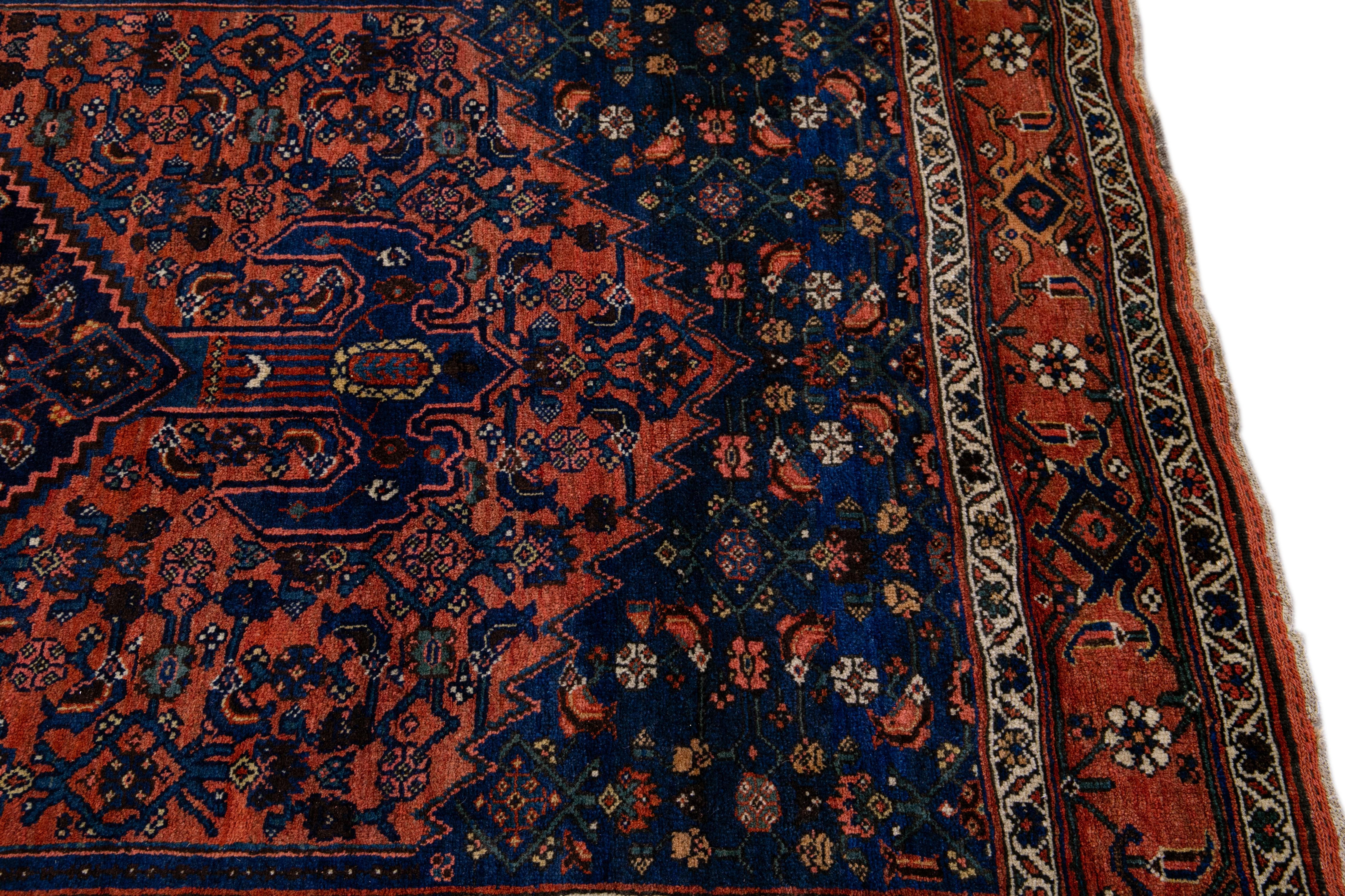 Antique Persian Bidjar Handmade Medallion Blue and Rust Wool Rug For Sale 1