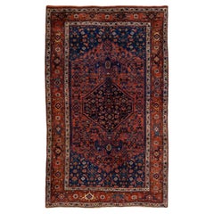 Antique Persian Bidjar Handmade Medallion Blue and Rust Wool Rug