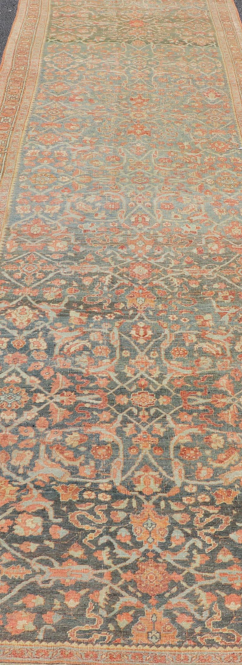 Antique Persian Bidjar Large Gallery Runner with Floral Design in Blue-Gray  For Sale 3