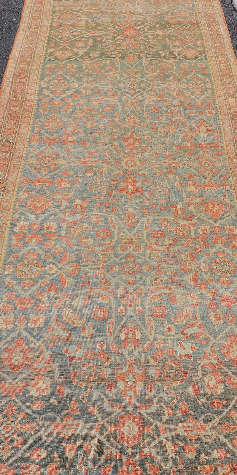 Antique Persian Bidjar Large Gallery Runner with Floral Design in Blue-Gray  For Sale 4