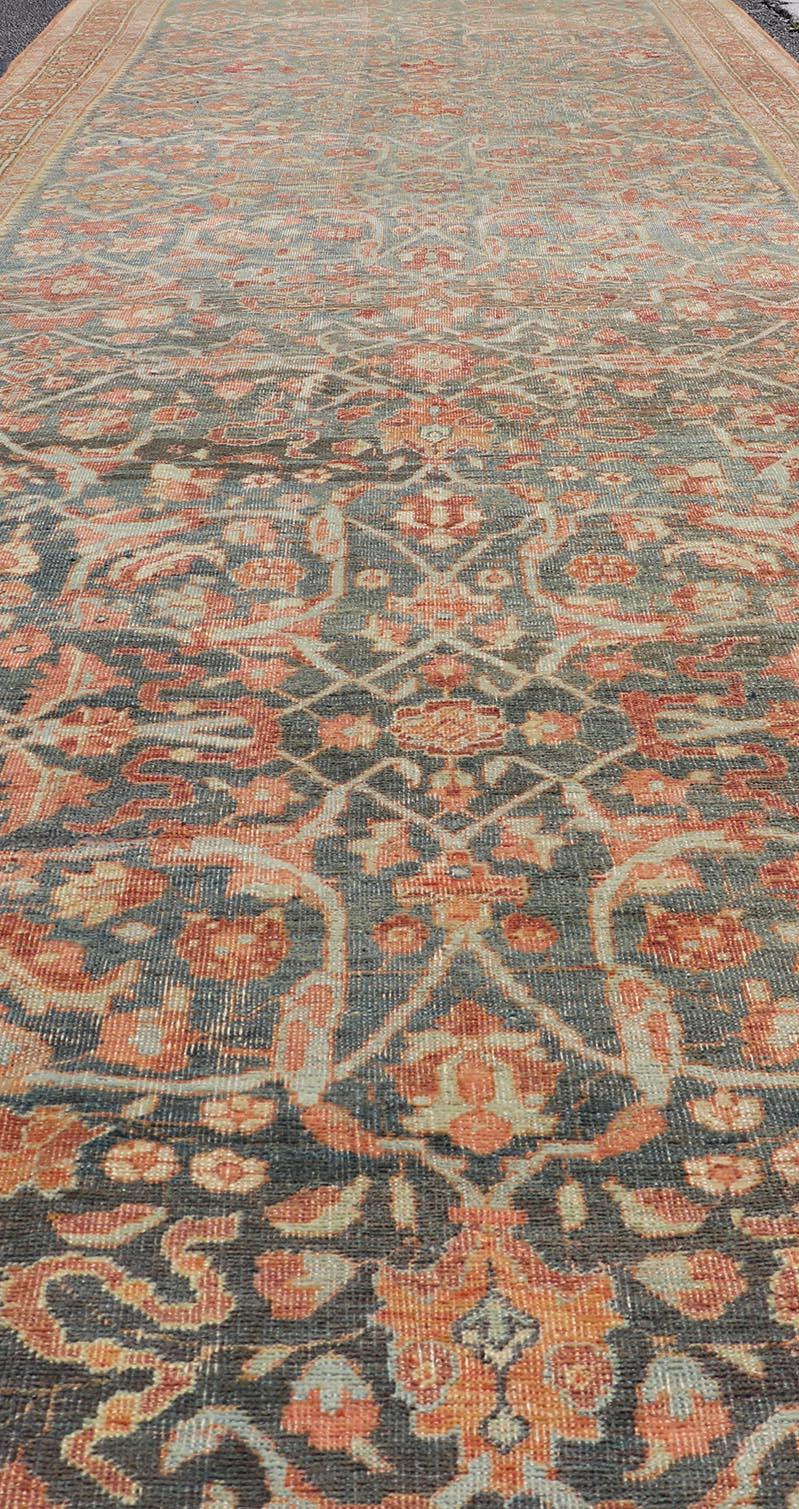 Antique Persian Bidjar Large Gallery Runner with Floral Design in Blue-Gray  For Sale 5