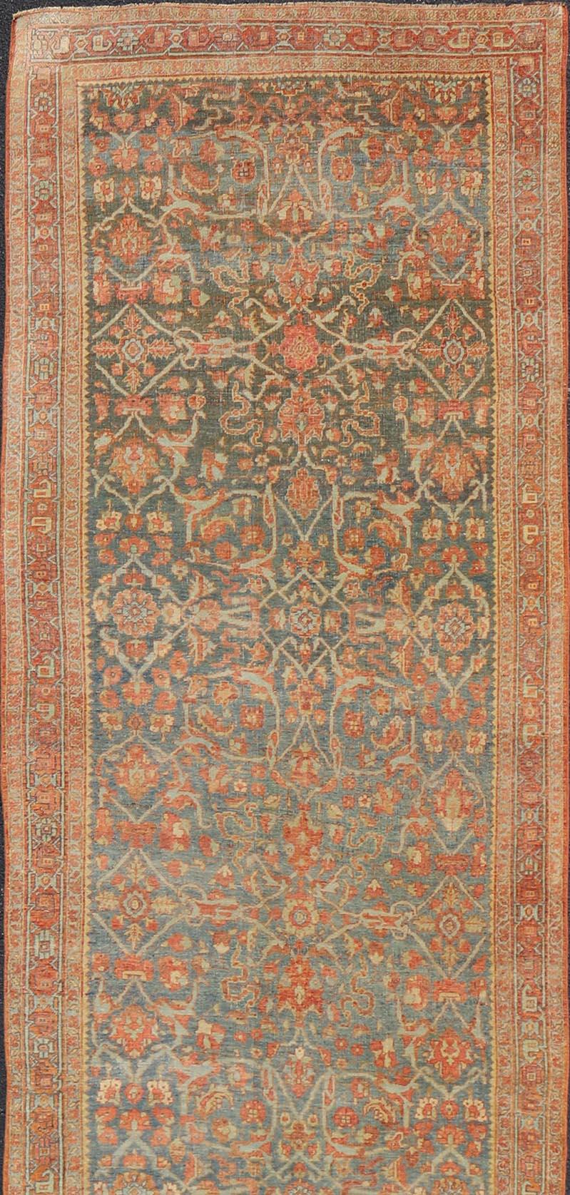 Antique Persian Bidjar Large Gallery Runner with Floral Design in Blue-Gray  In Good Condition For Sale In Atlanta, GA