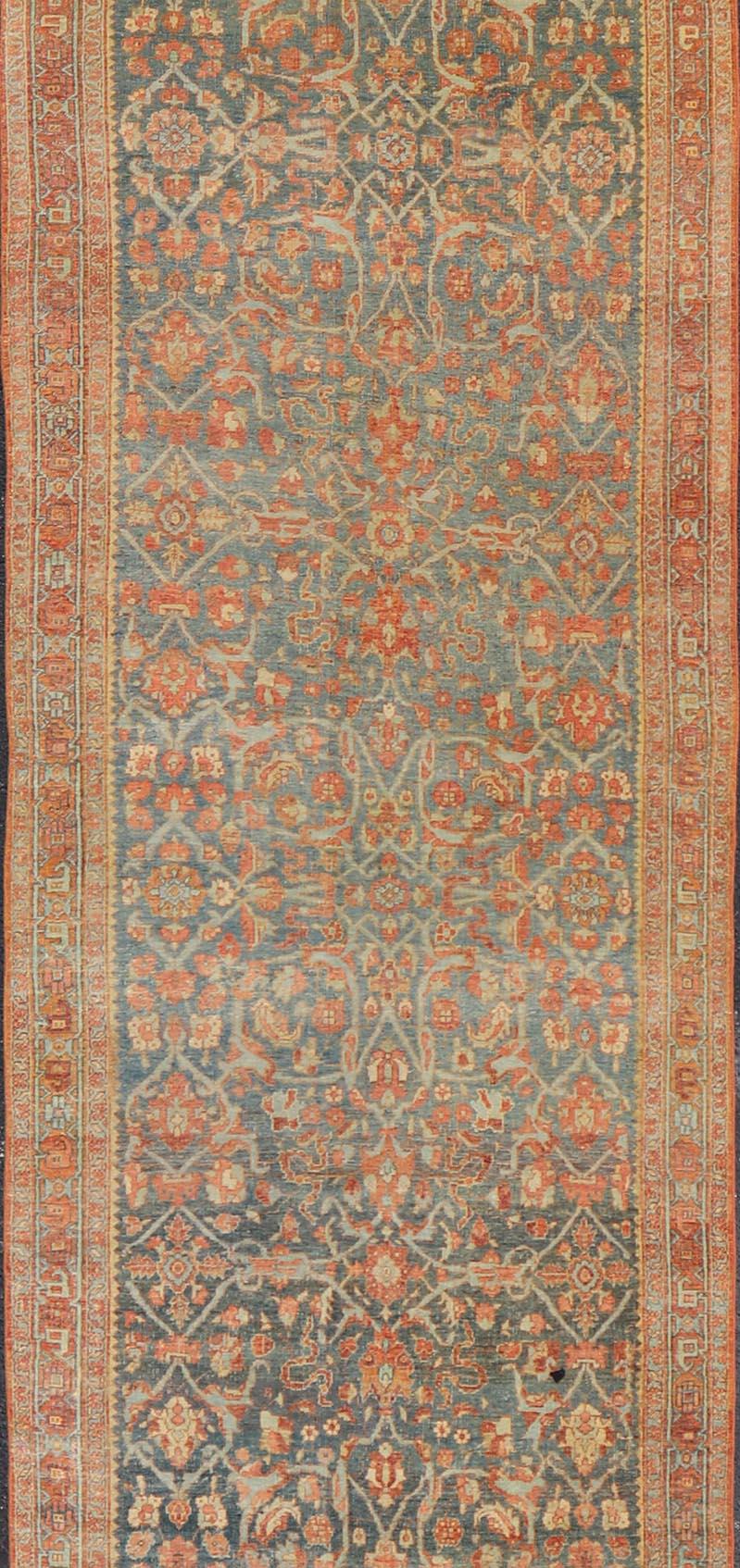 Late 19th Century Antique Persian Bidjar Large Gallery Runner with Floral Design in Blue-Gray  For Sale