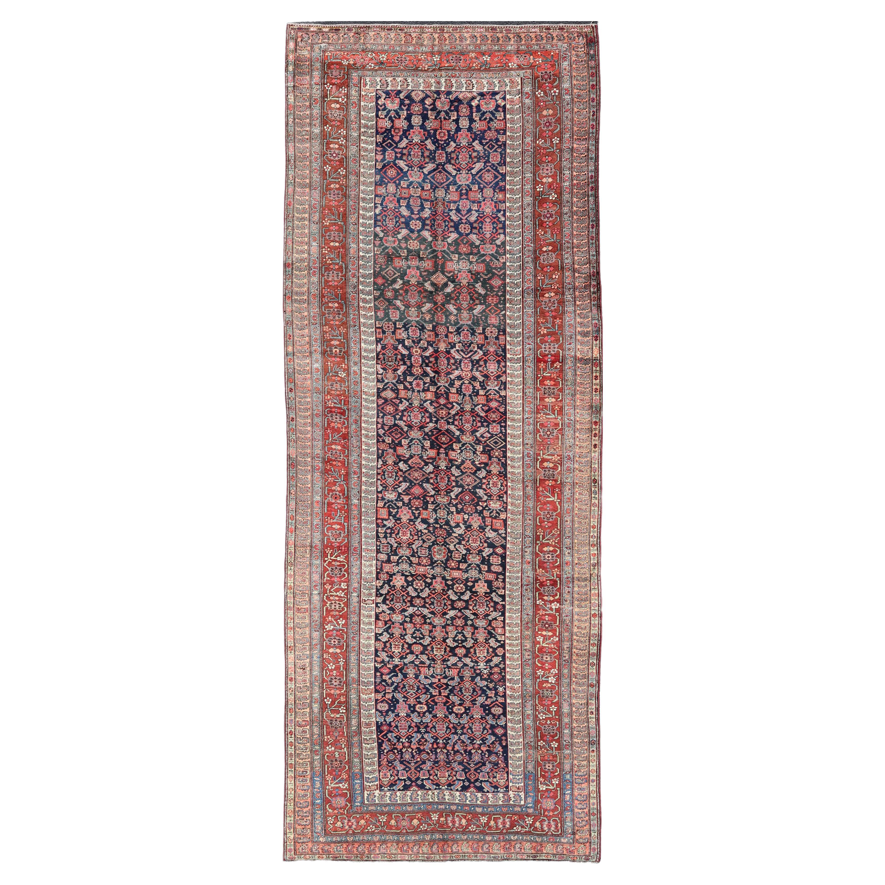 Antique Persian Bidjar Long Gallery Rug with All-Over Sub-Geometric Design For Sale