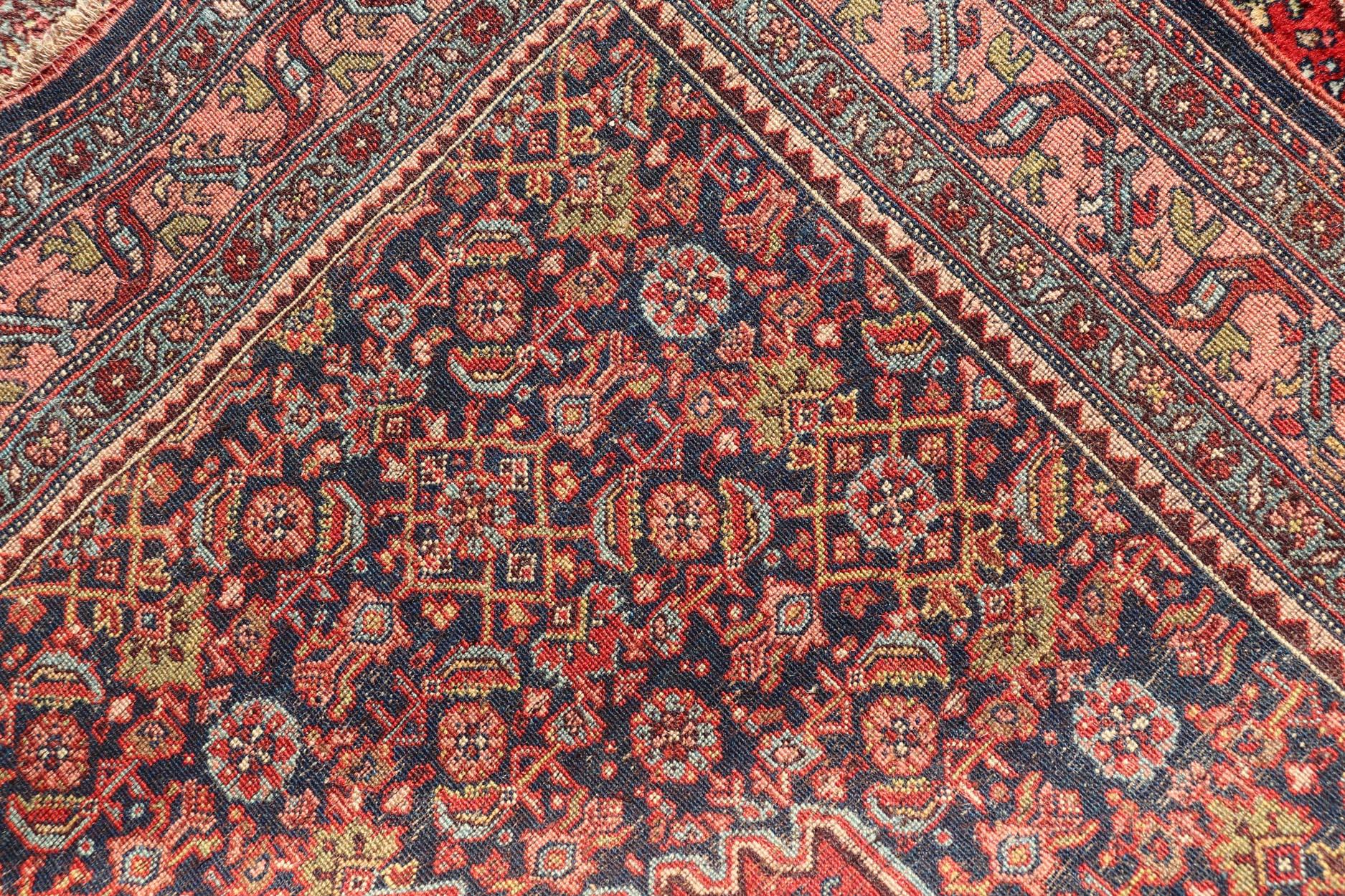 Antique Persian Bidjar Medallion Designed Carpet with Blue's, Red, and Pink  For Sale 3