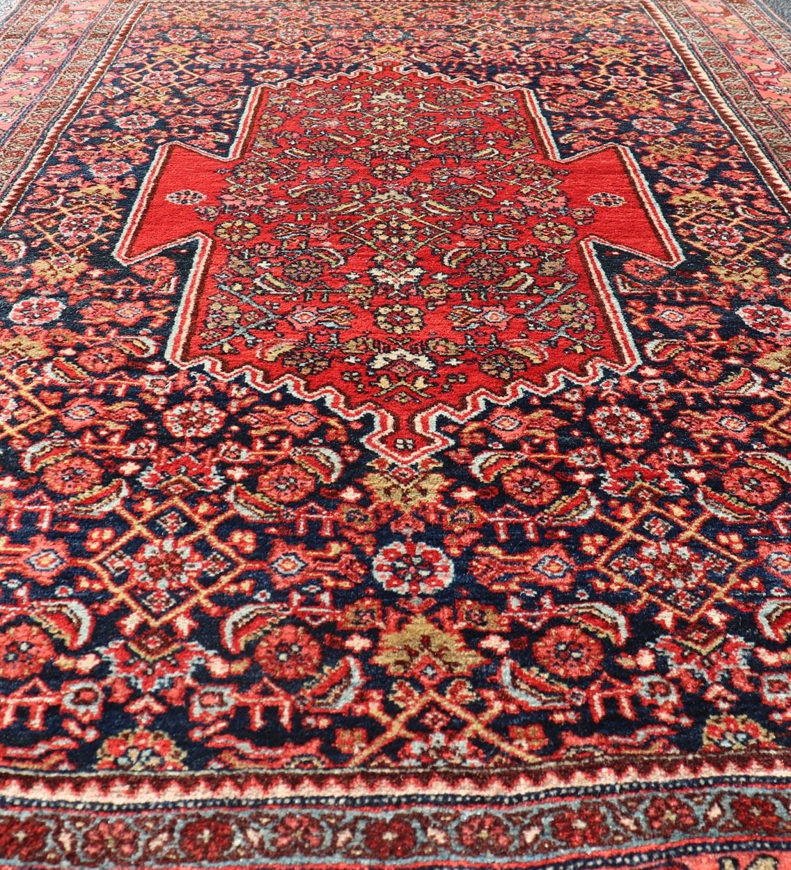 Hand-Knotted Antique Persian Bidjar Medallion Designed Carpet with Blue's, Red, and Pink  For Sale