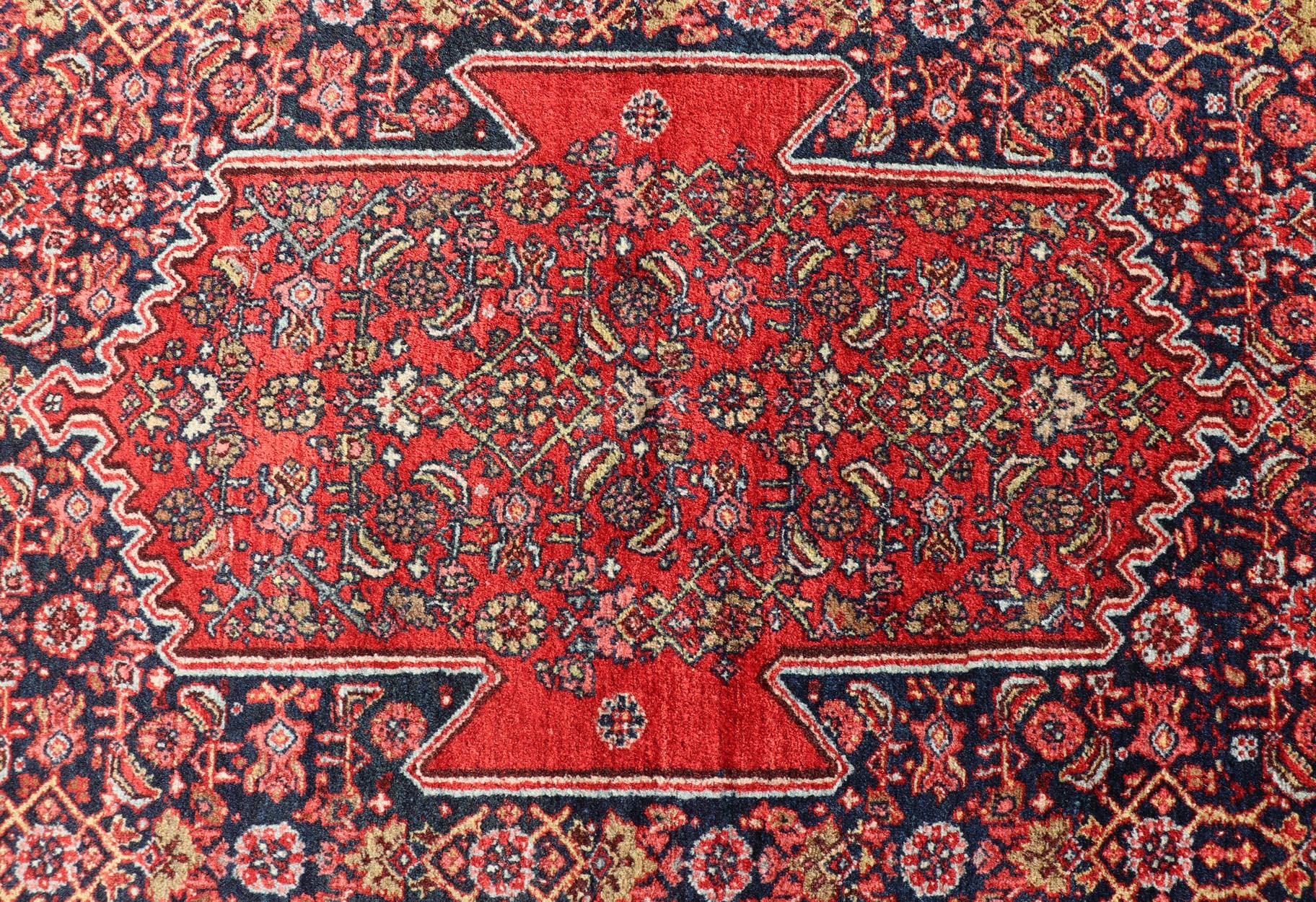 Antique Persian Bidjar Medallion Designed Carpet with Blue's, Red, and Pink  In Good Condition For Sale In Atlanta, GA