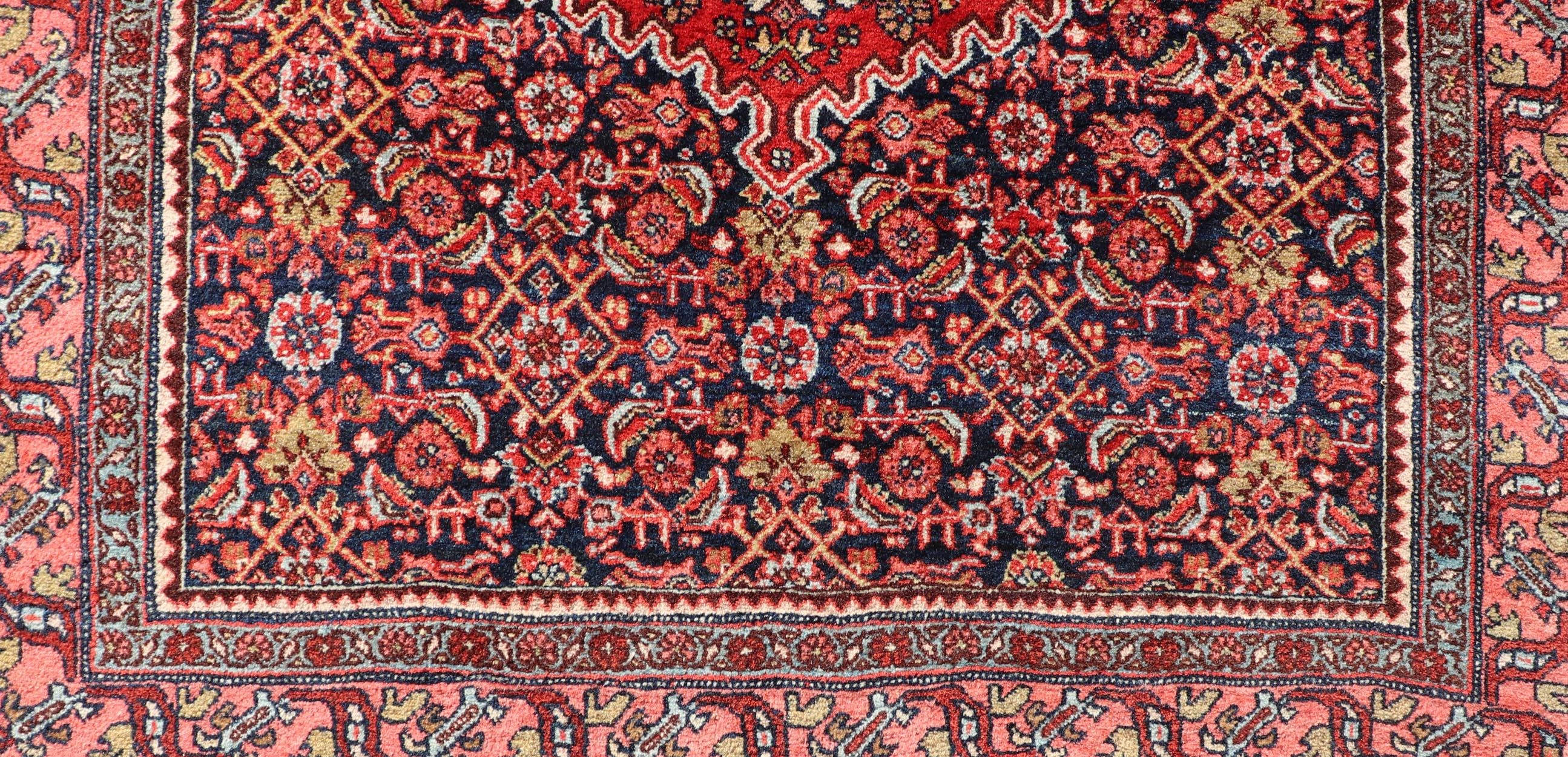 Wool Antique Persian Bidjar Medallion Designed Carpet with Blue's, Red, and Pink  For Sale